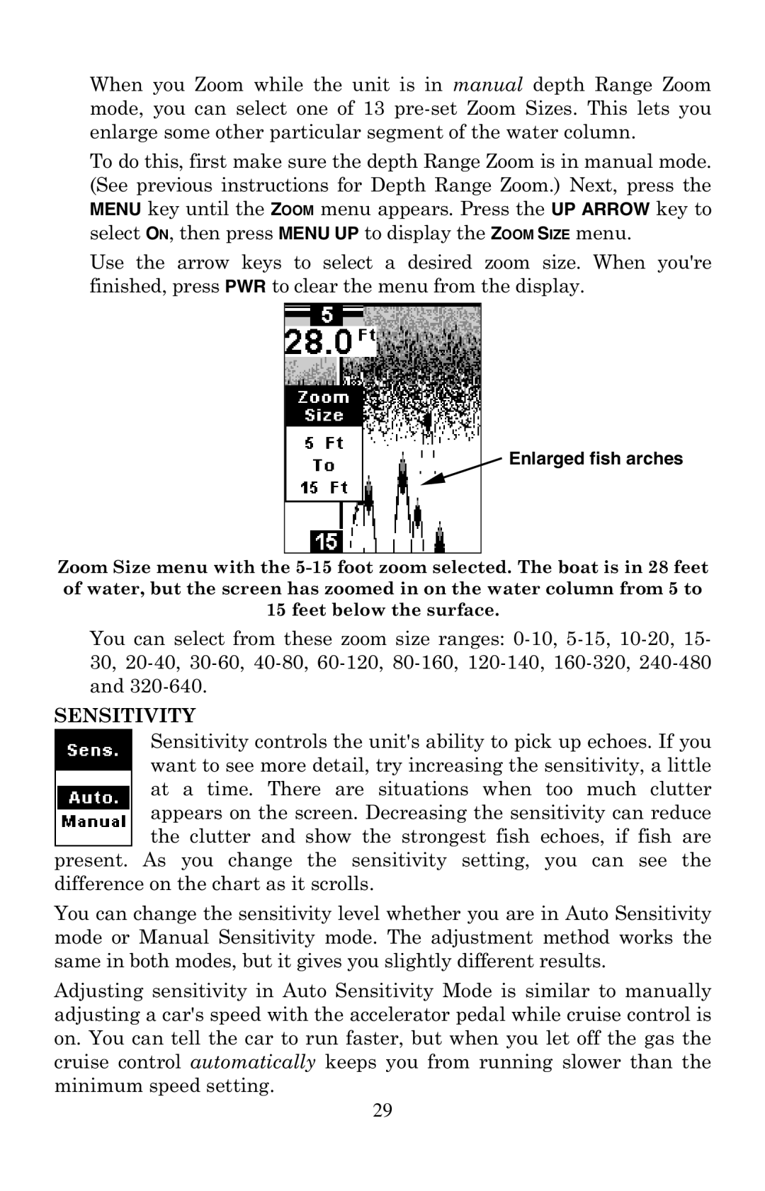 Lowrance electronic X47EX manual Sensitivity, Enlarged fish arches 