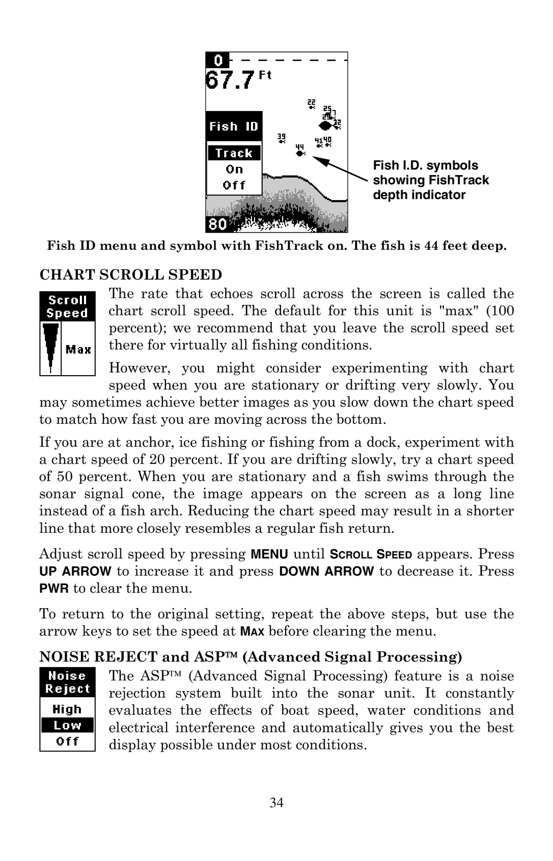 Lowrance electronic X47EX manual Chart Scroll Speed, Fish I.D. symbols showing FishTrack depth indicator 