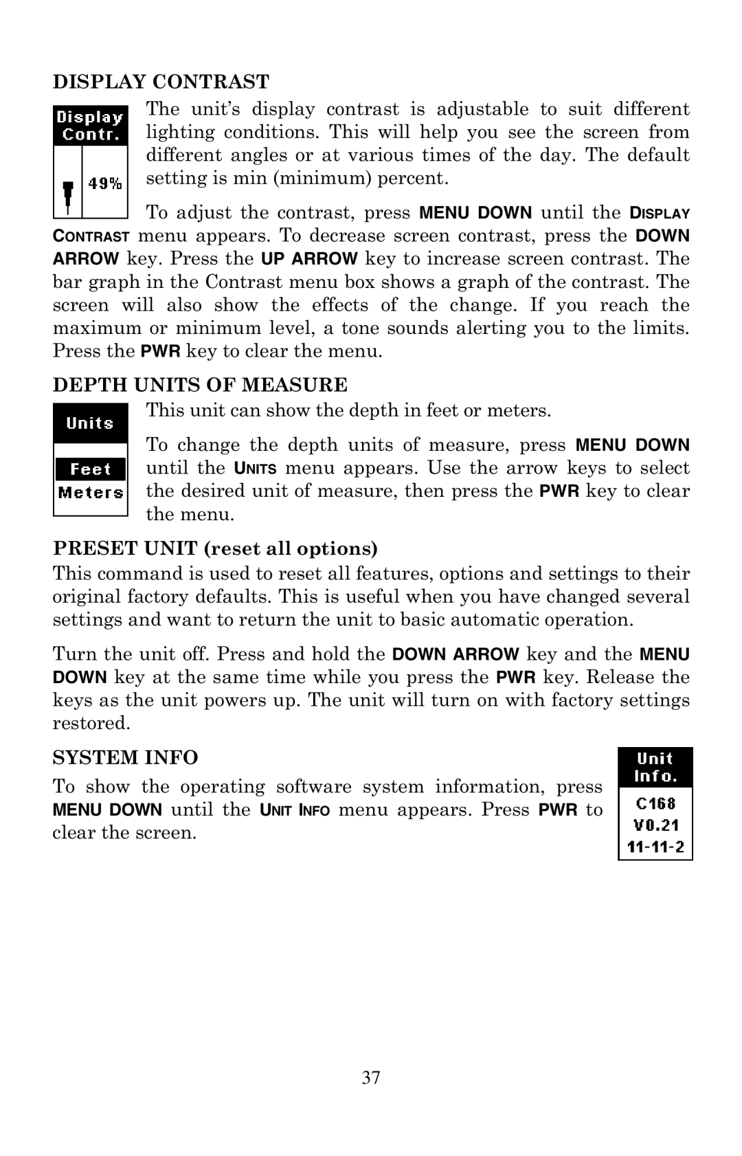 Lowrance electronic X47EX manual Display Contrast, Depth Units of Measure, System Info 
