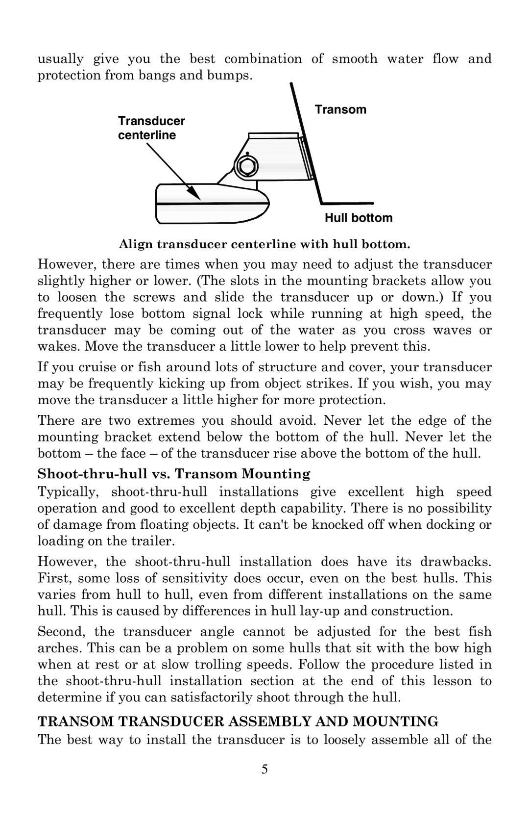 Lowrance electronic X47EX manual Transom Transducer Assembly and Mounting, Transom Transducer centerline Hull bottom 