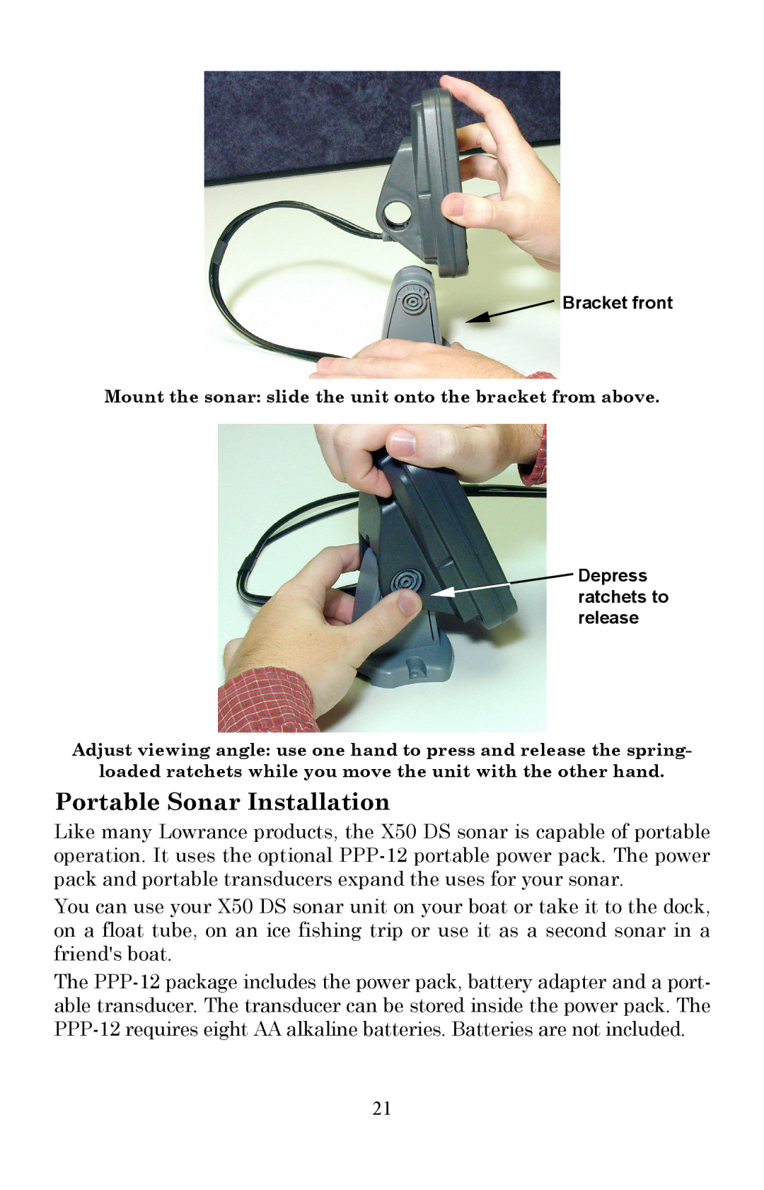 Lowrance electronic X50 DS manual Portable Sonar Installation 