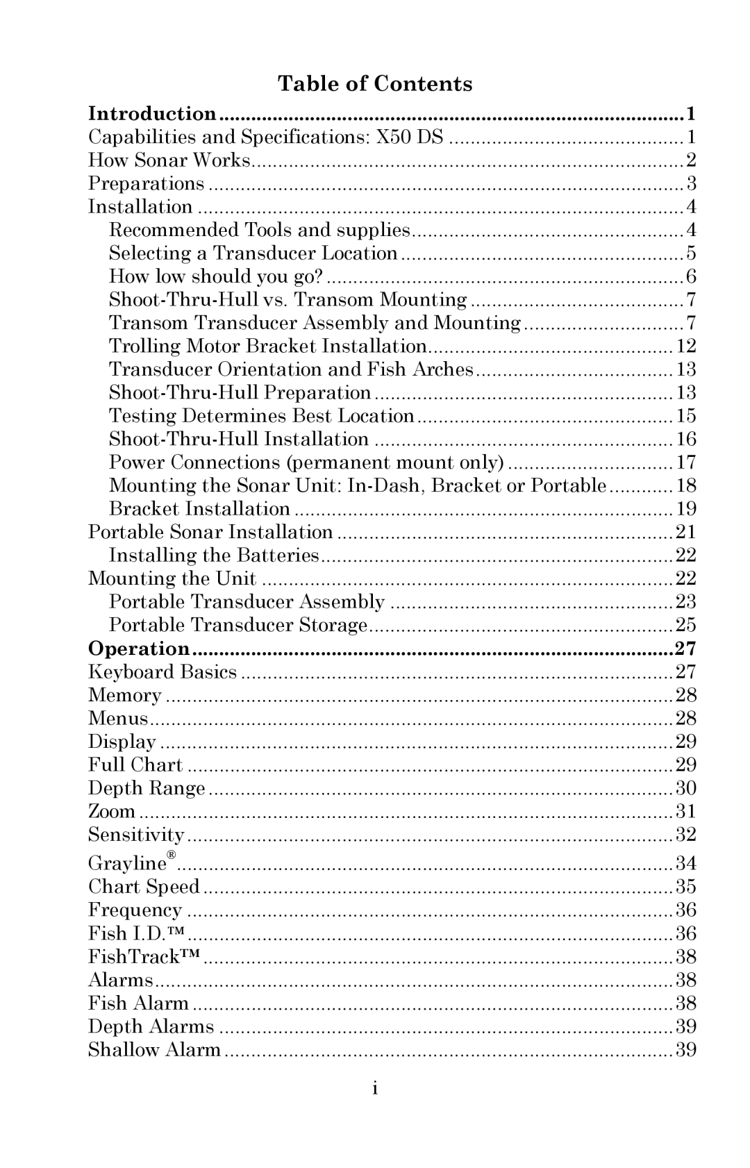 Lowrance electronic X50 DS manual Table of Contents 