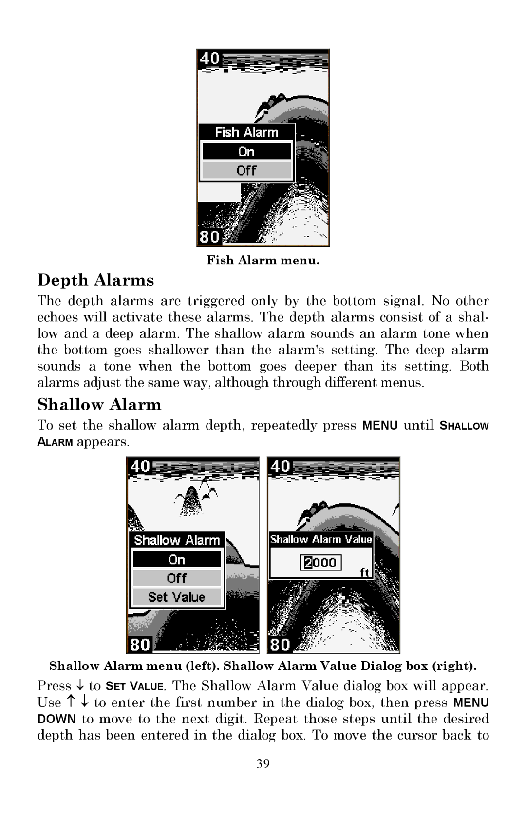 Lowrance electronic X50 DS manual Depth Alarms, Shallow Alarm 