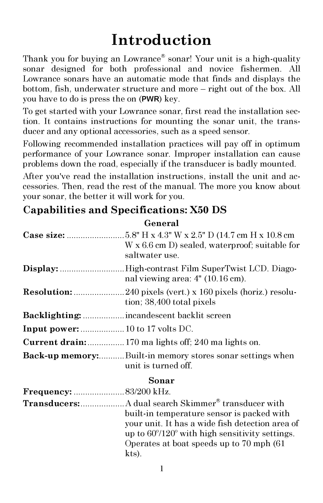 Lowrance electronic manual Capabilities and Specifications X50 DS, General, Back-up memory, Sonar 