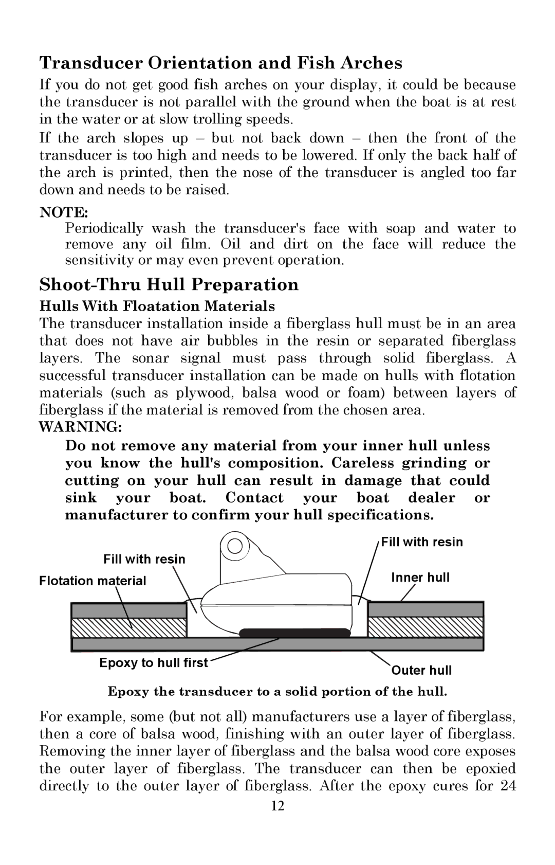 Lowrance electronic X51 manual Transducer Orientation and Fish Arches, Shoot-Thru Hull Preparation 