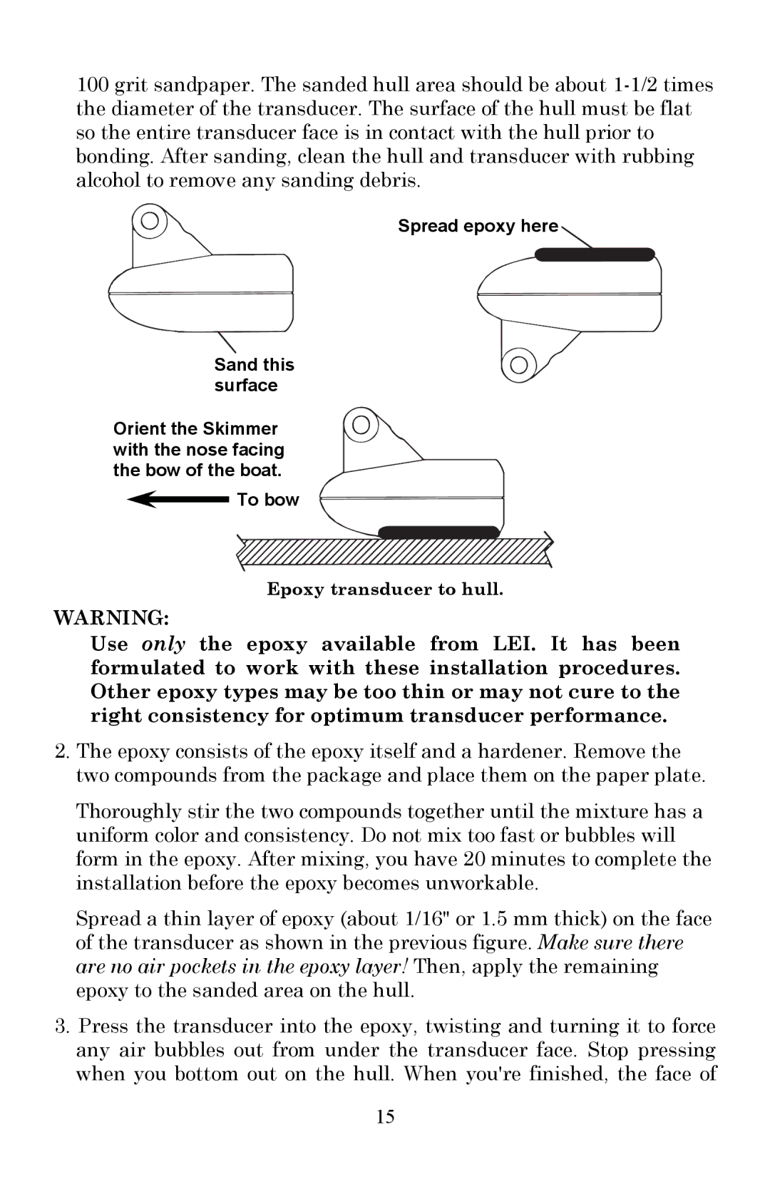 Lowrance electronic X51 manual Epoxy transducer to hull 