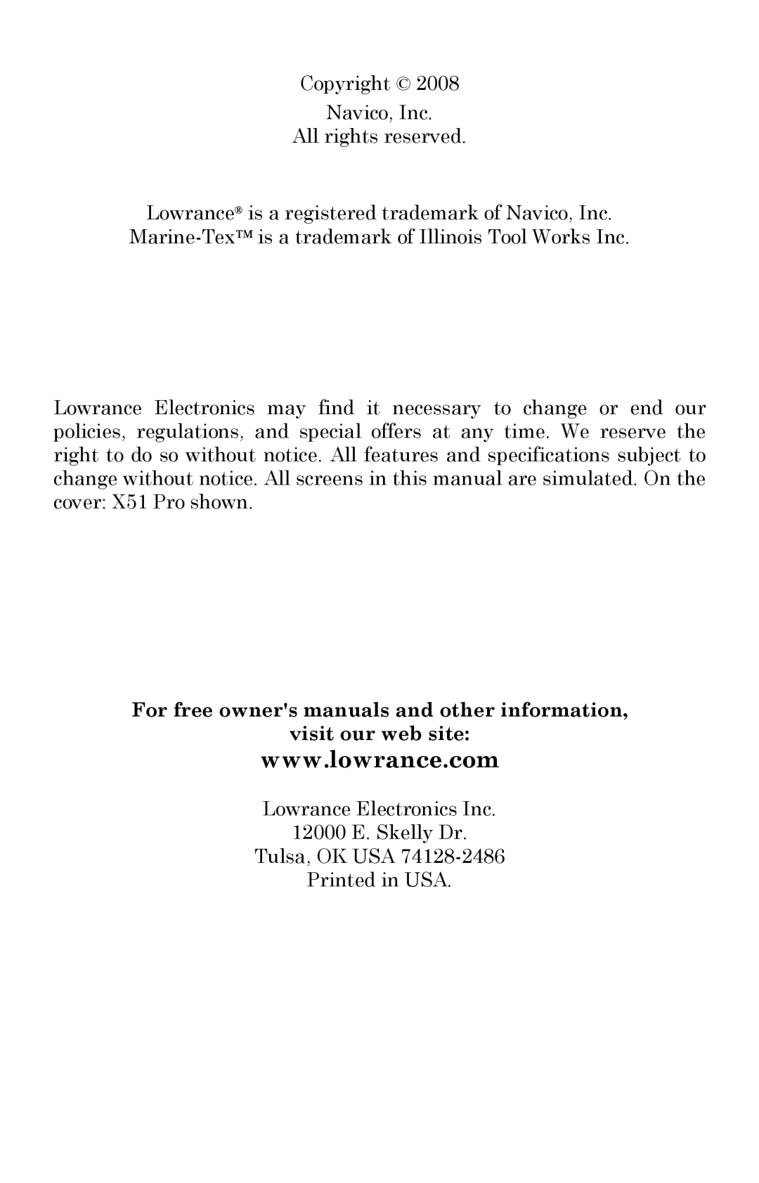 Lowrance electronic X51 manual Visit our web site 