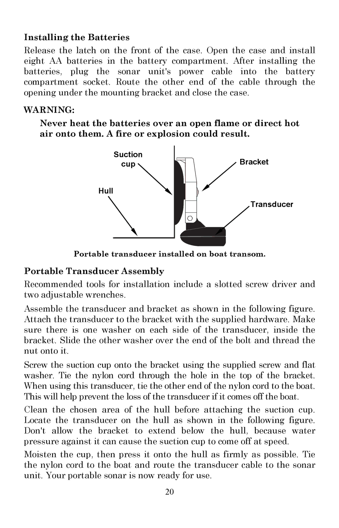 Lowrance electronic X51 manual Installing the Batteries, Portable Transducer Assembly 