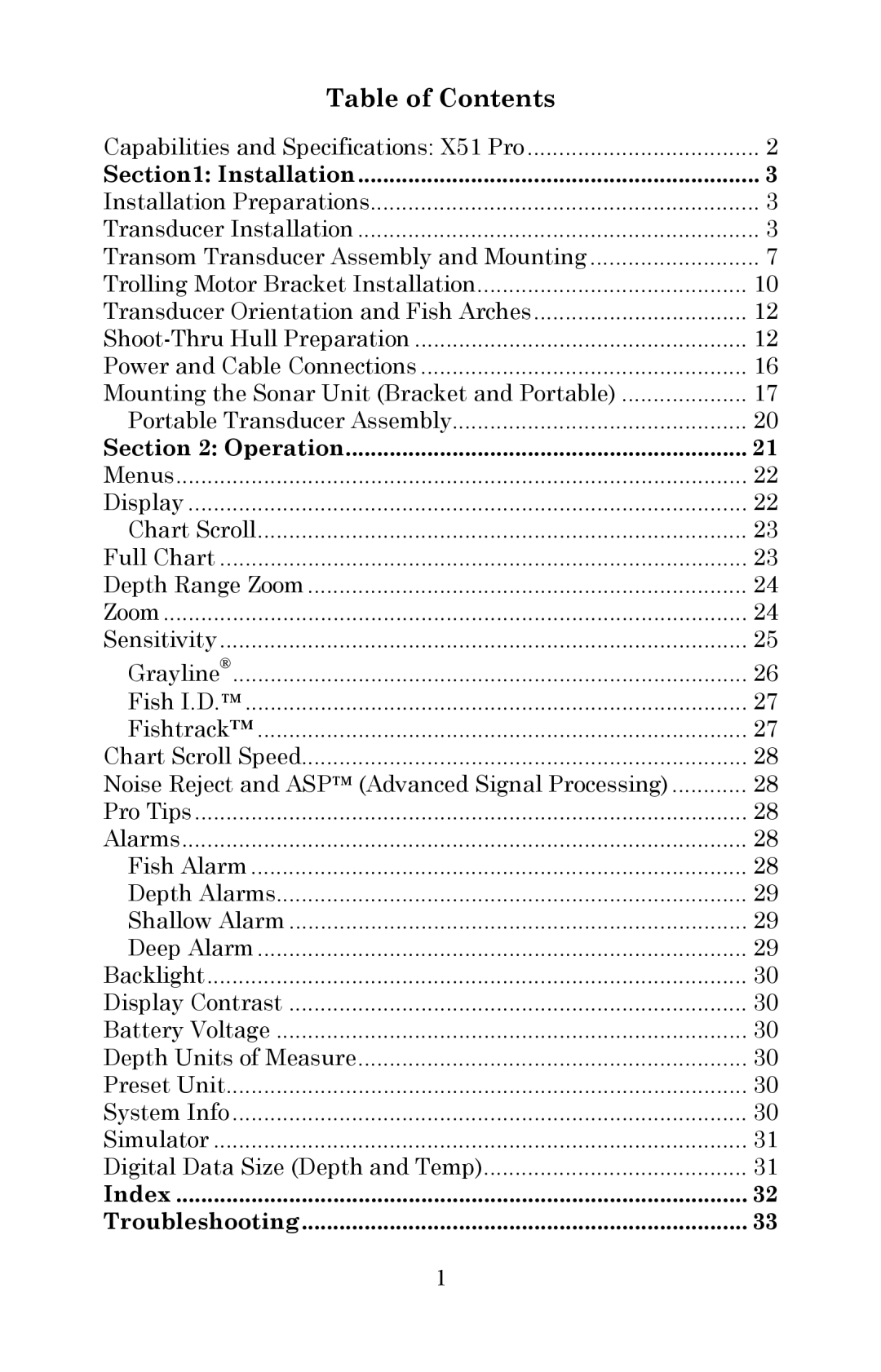 Lowrance electronic X51 manual Table of Contents 