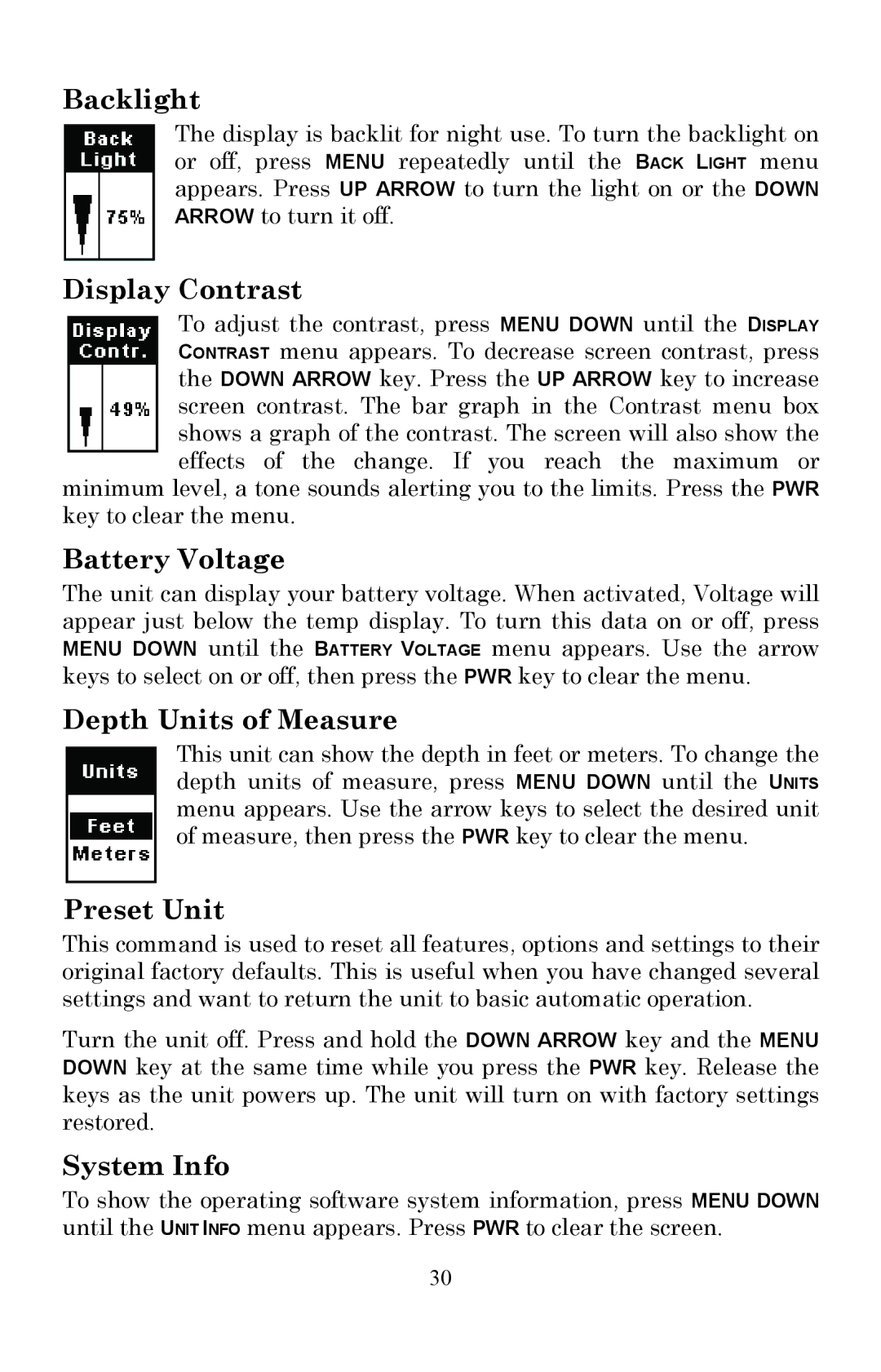 Lowrance electronic X51 Backlight, Display Contrast, Battery Voltage, Depth Units of Measure, Preset Unit, System Info 