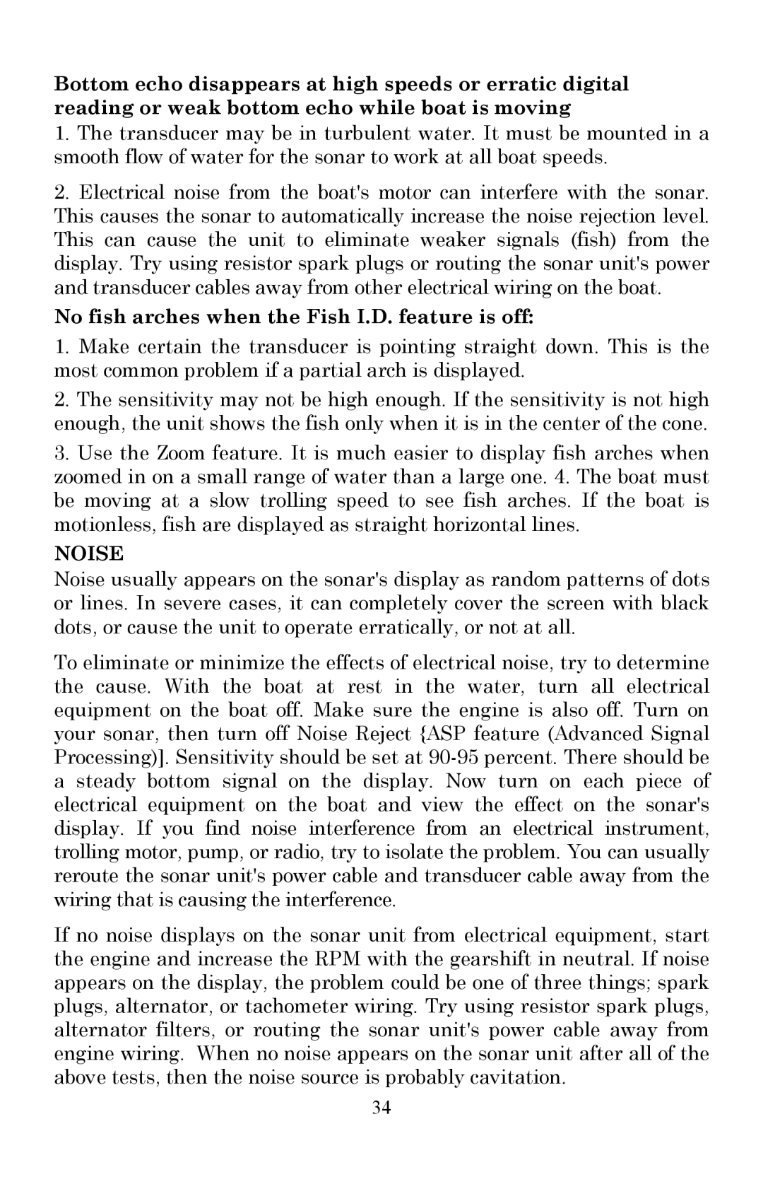 Lowrance electronic X51 manual No fish arches when the Fish I.D. feature is off, Noise 