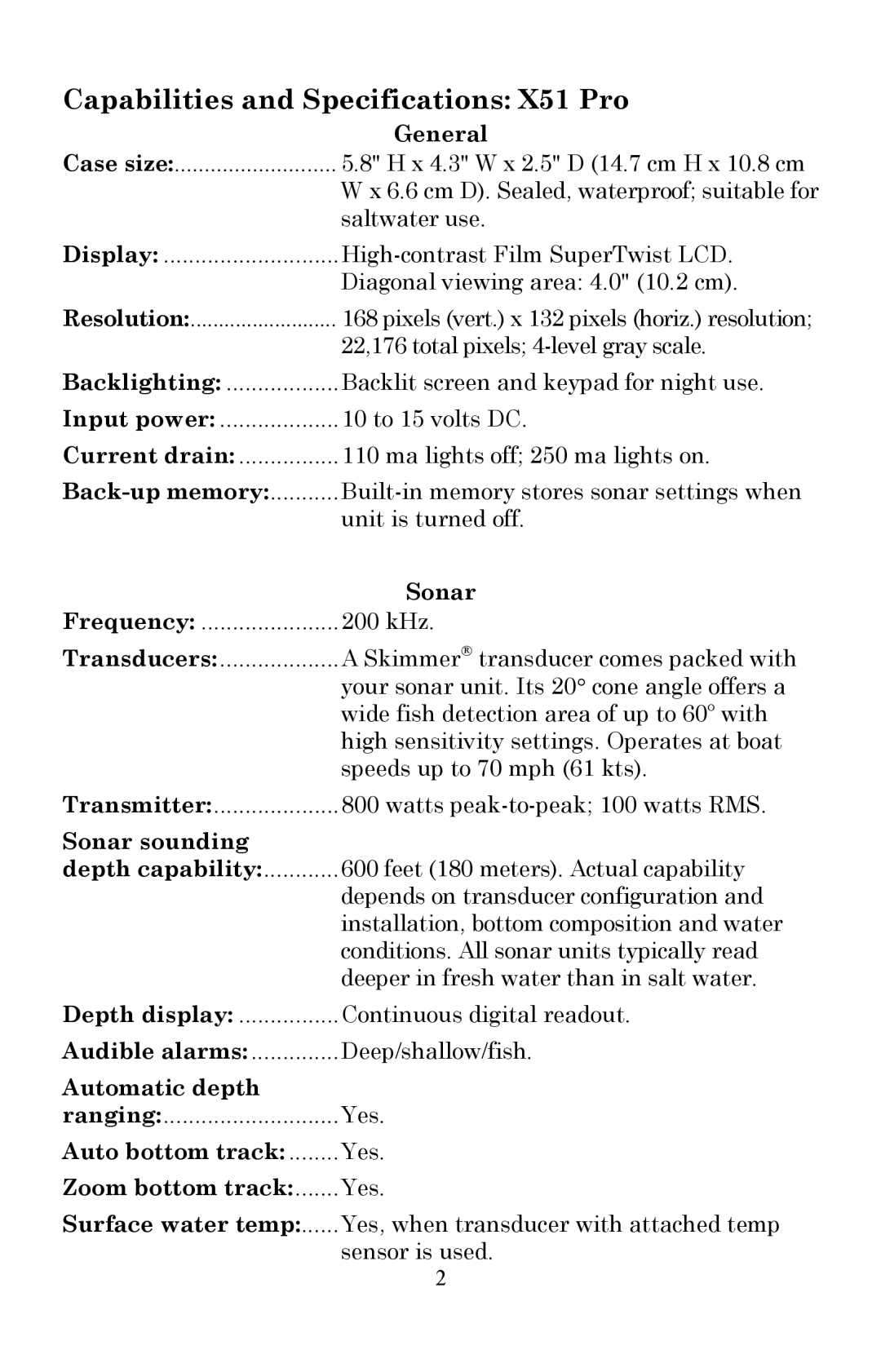 Lowrance electronic manual Capabilities and Specifications X51 Pro 