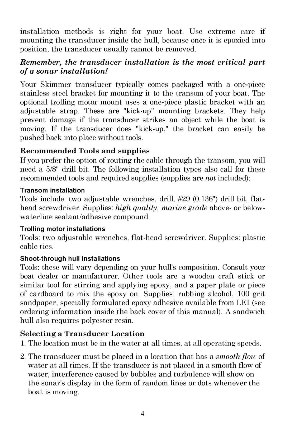 Lowrance electronic X51 manual Recommended Tools and supplies, Selecting a Transducer Location 