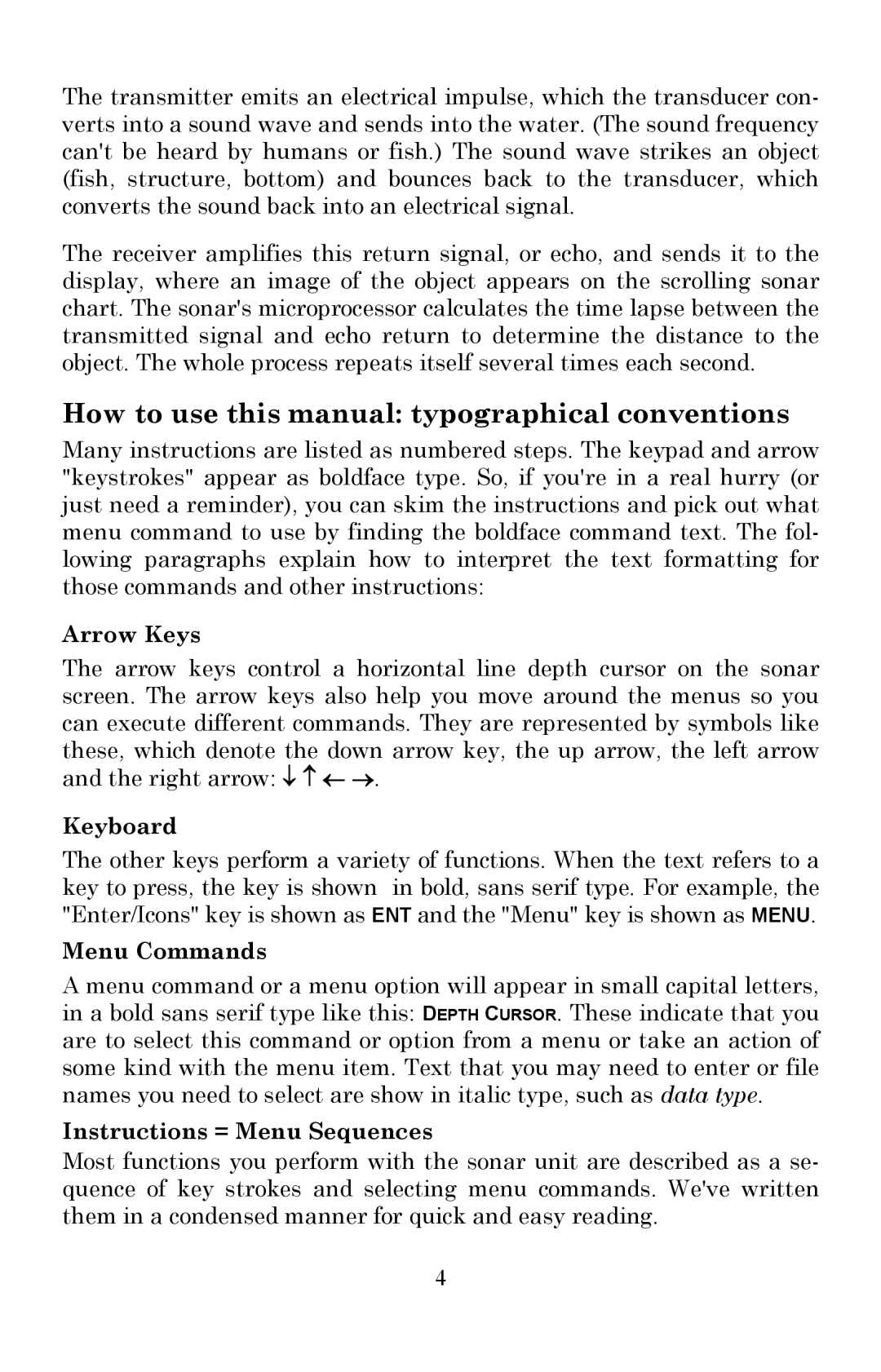 Lowrance electronic X515C DF, X510C How to use this manual typographical conventions, Arrow Keys, Keyboard, Menu Commands 