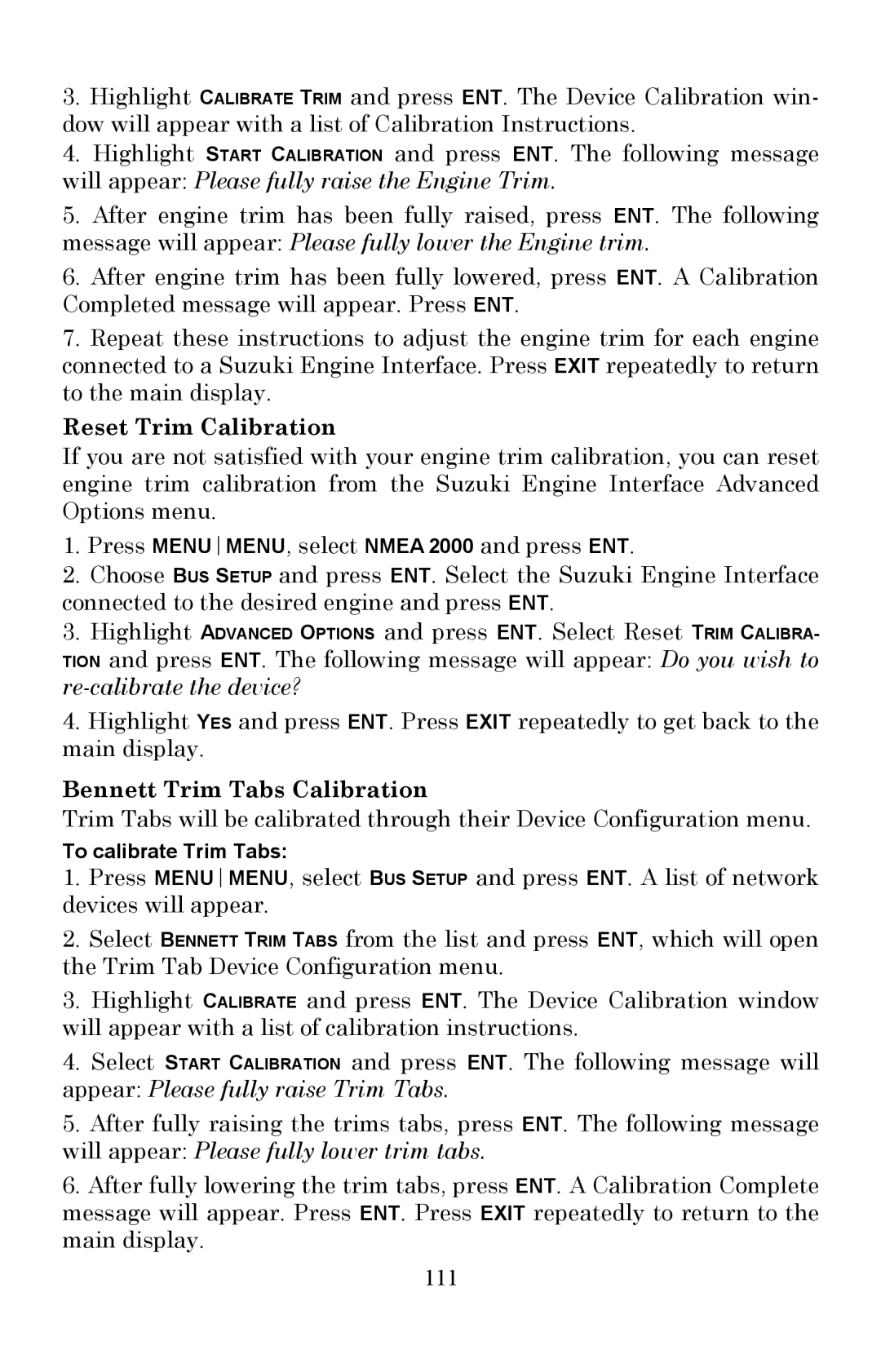 Lowrance electronic X510C, X515C DF manual Reset Trim Calibration, Bennett Trim Tabs Calibration, 111 