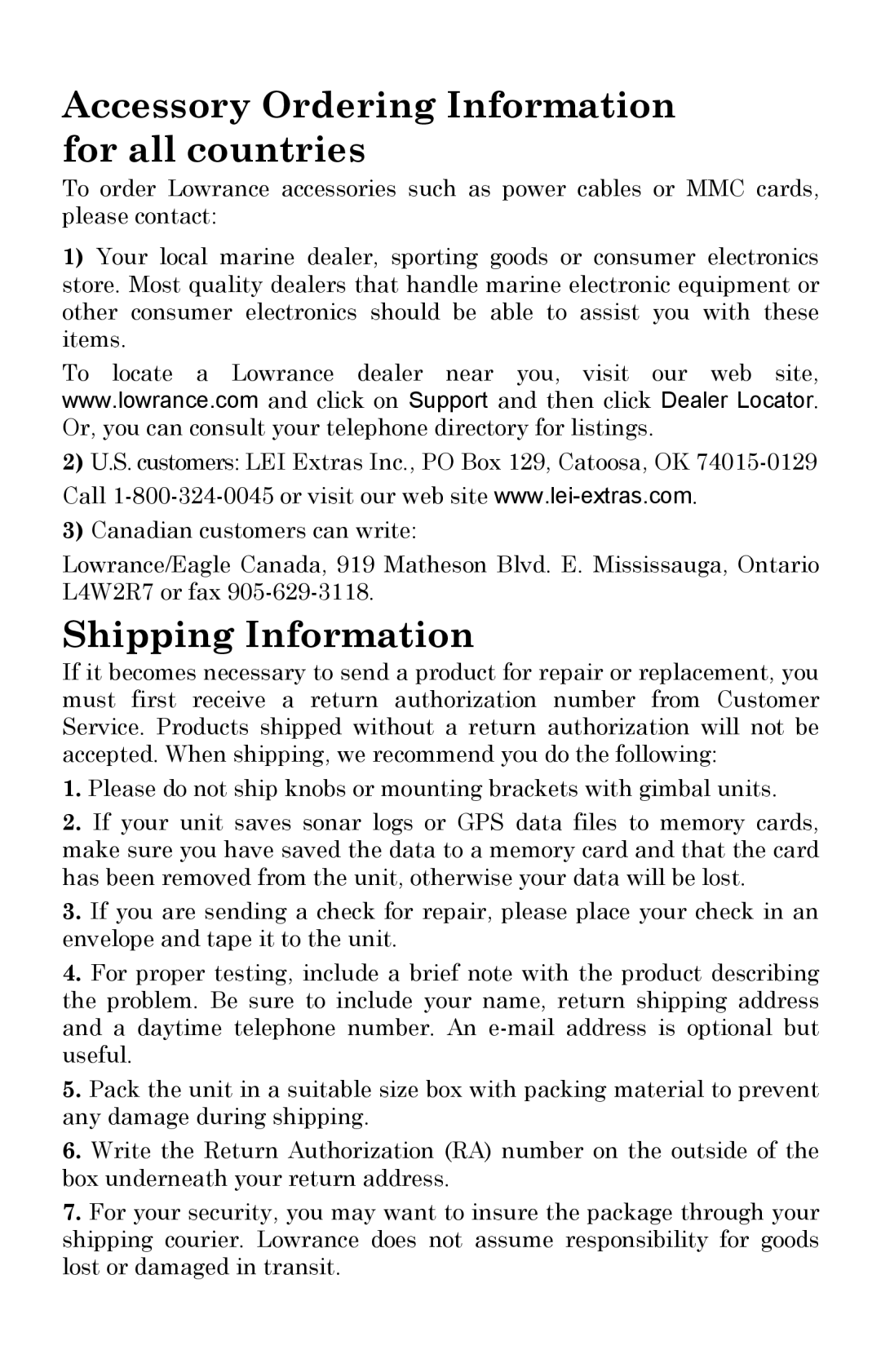 Lowrance electronic X510C, X515C DF manual Accessory Ordering Information for all countries 