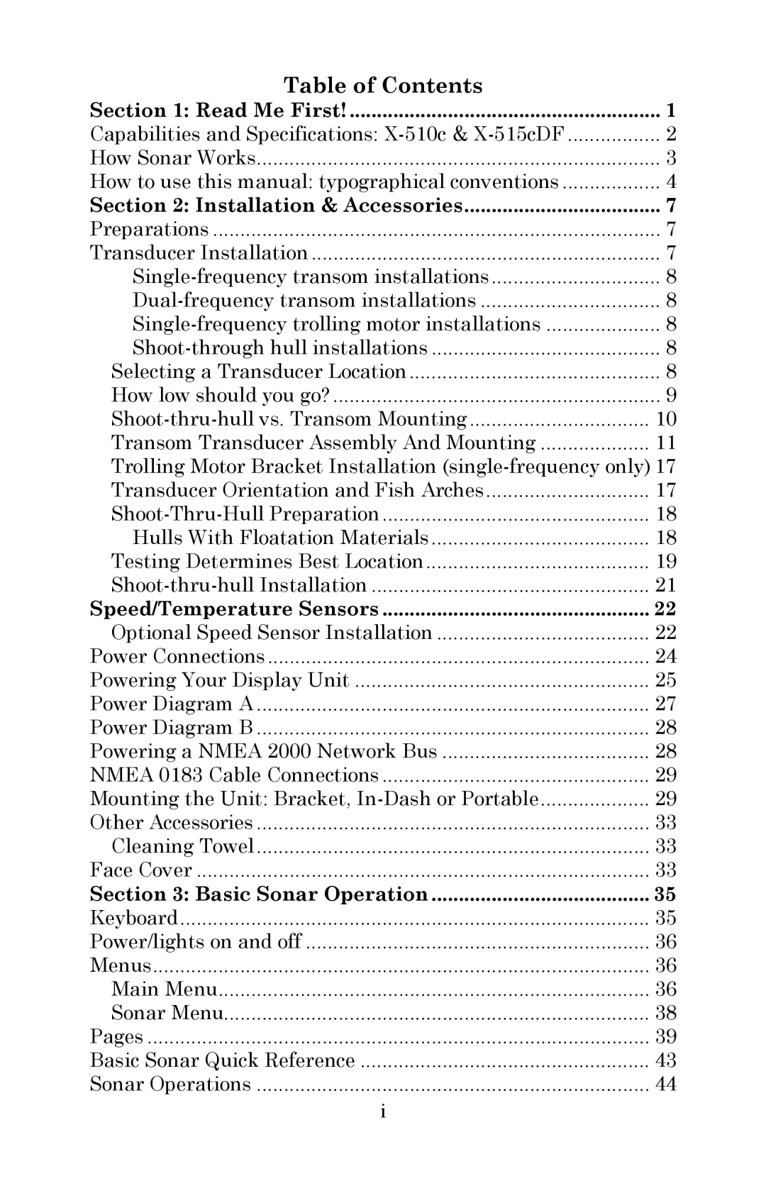 Lowrance electronic X510C, X515C DF manual Table of Contents 