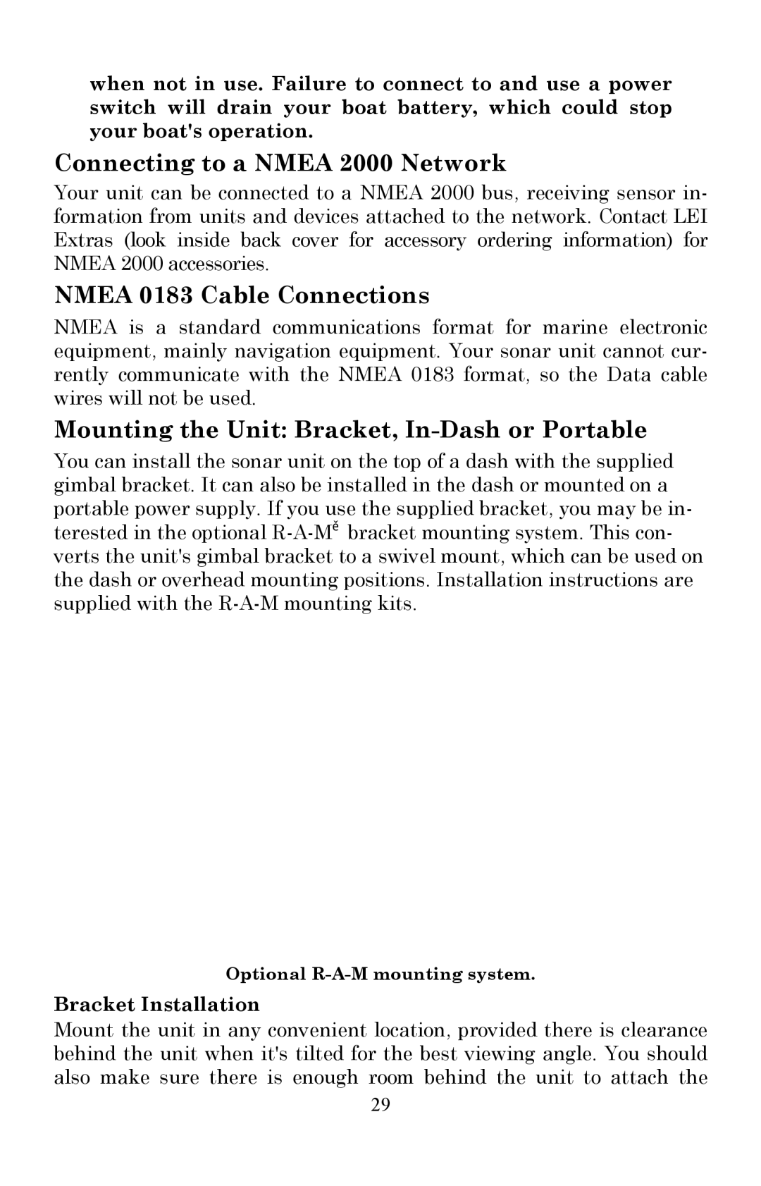 Lowrance electronic X510C, X515C DF Connecting to a Nmea 2000 Network, Nmea 0183 Cable Connections, Bracket Installation 