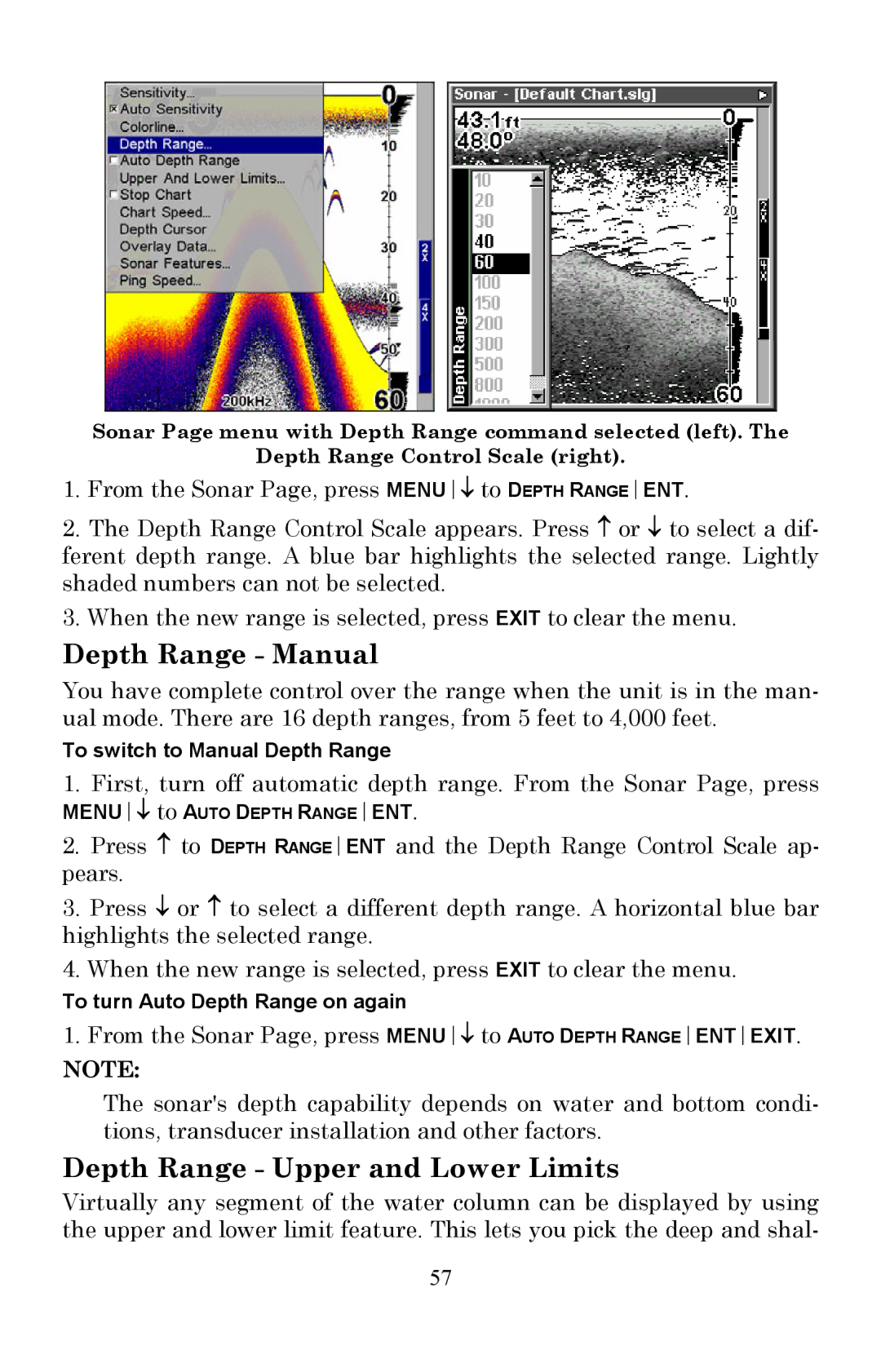 Lowrance electronic X510C, X515C DF manual Depth Range Manual, Depth Range Upper and Lower Limits 