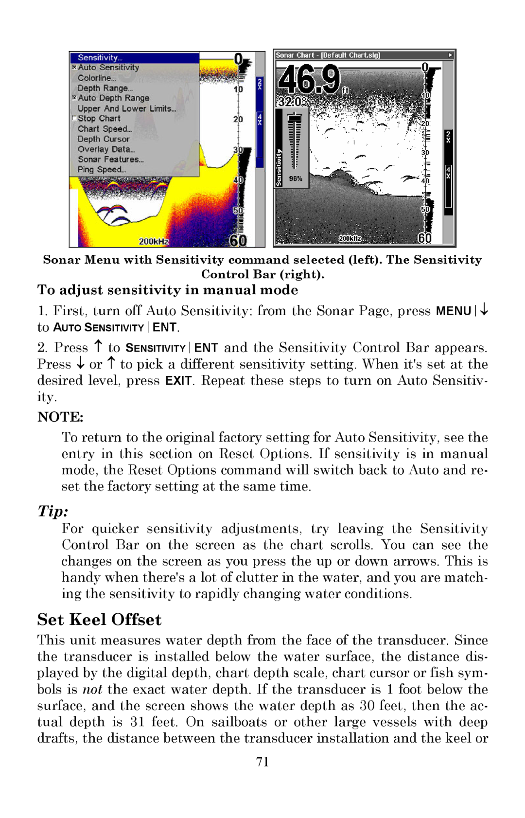 Lowrance electronic X510C, X515C DF Set Keel Offset, To adjust sensitivity in manual mode 