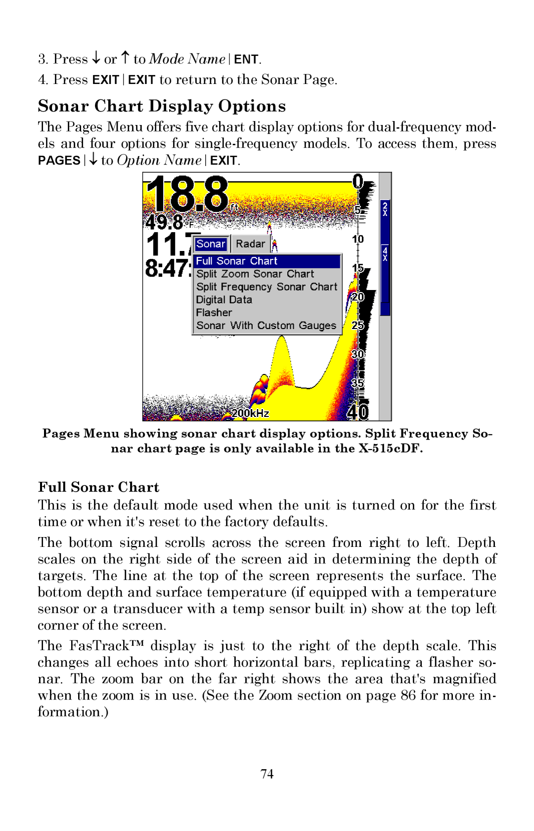Lowrance electronic X515C DF, X510C manual Sonar Chart Display Options, Full Sonar Chart 
