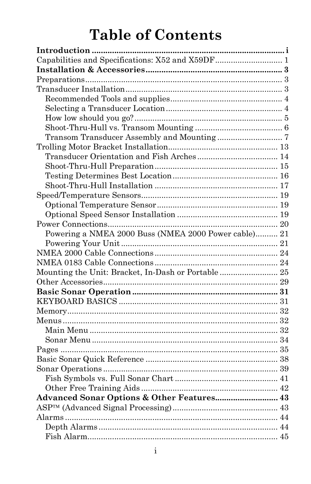 Lowrance electronic X59DF, X52 manual Table of Contents 