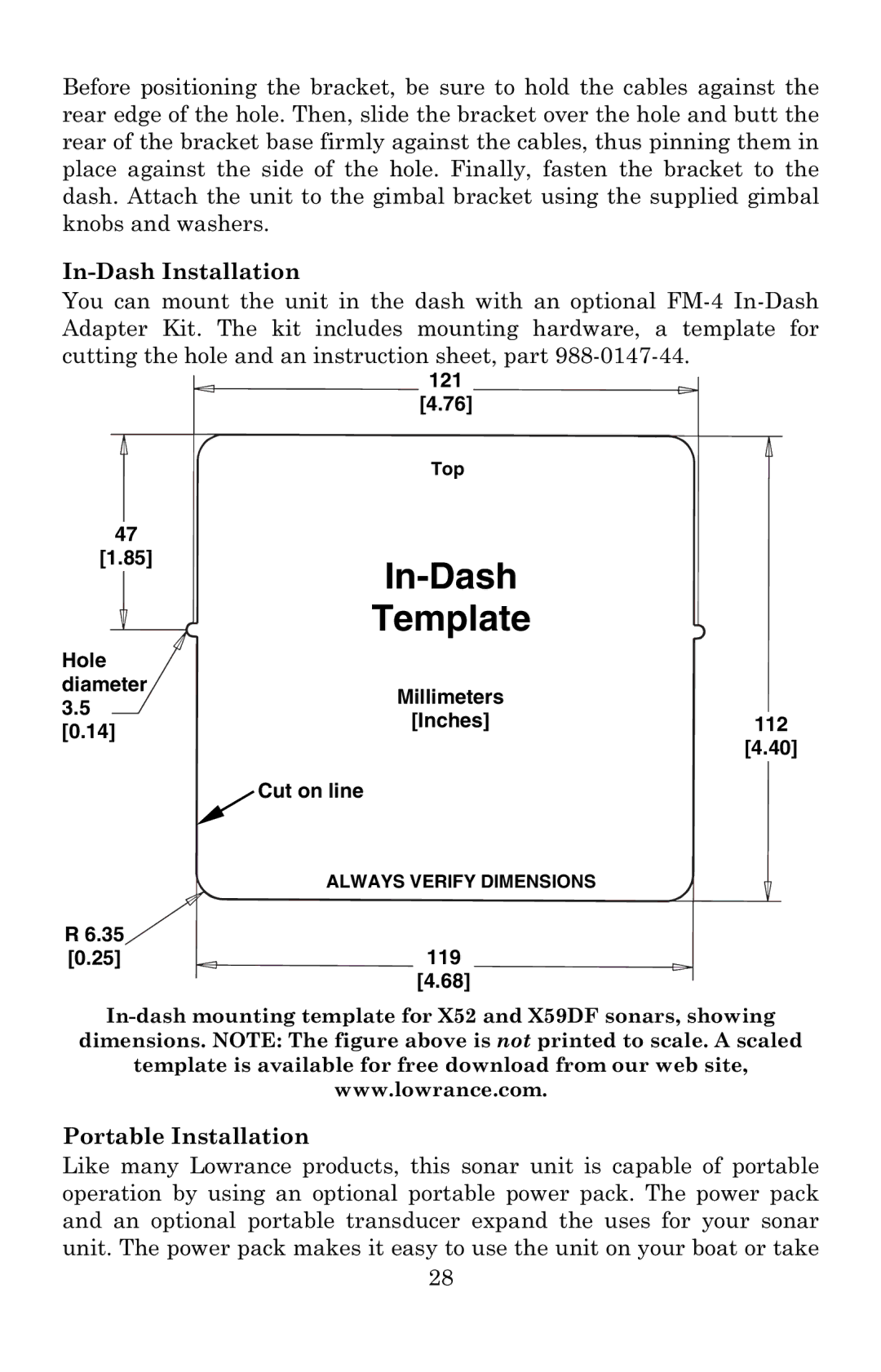 Lowrance electronic X52, X59DF manual 121, Hole Diameter, Inches 112 Cut on line 