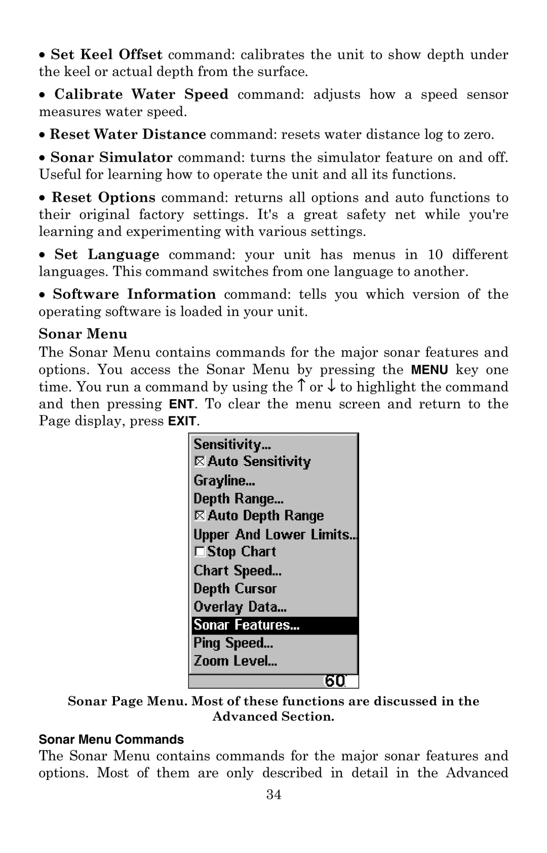 Lowrance electronic X52, X59DF manual Sonar Menu Commands 