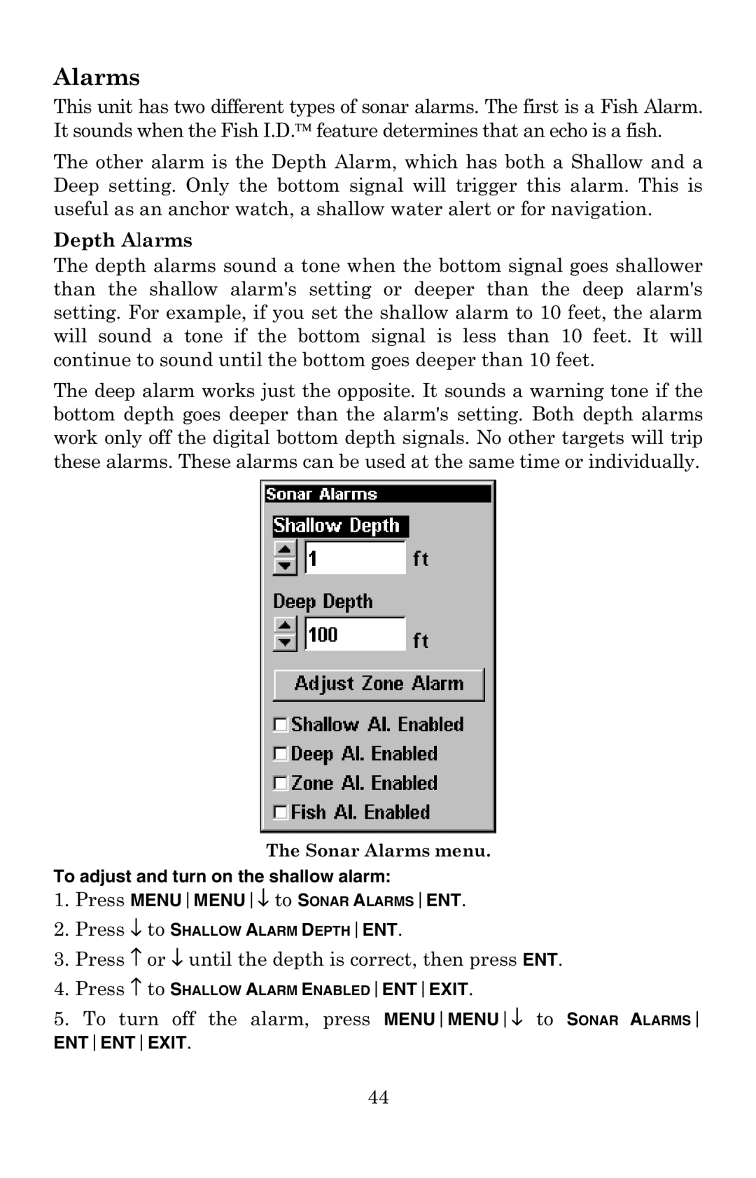 Lowrance electronic X52, X59DF manual Alarms, To adjust and turn on the shallow alarm 