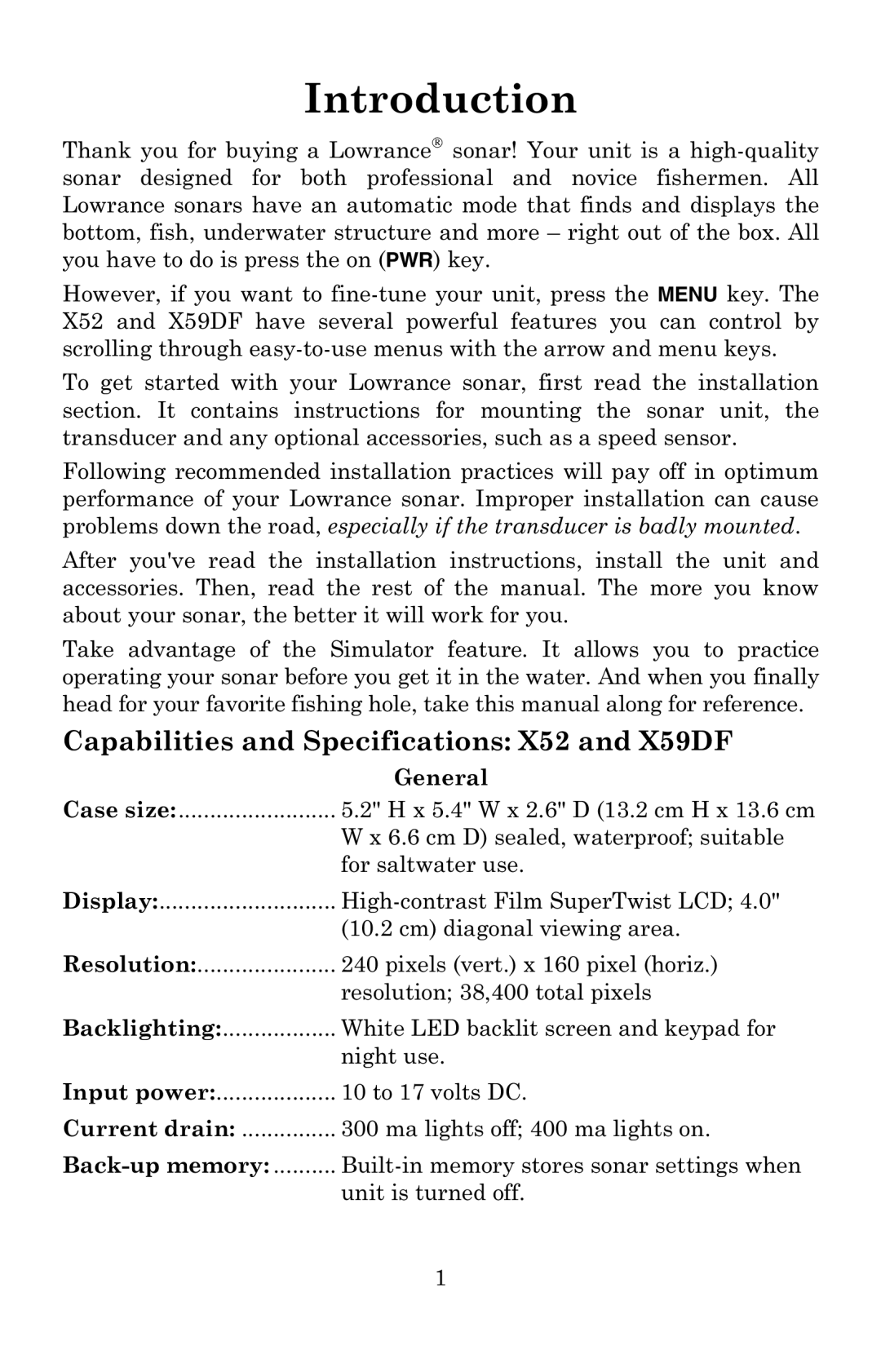 Lowrance electronic manual Introduction, Capabilities and Specifications X52 and X59DF 