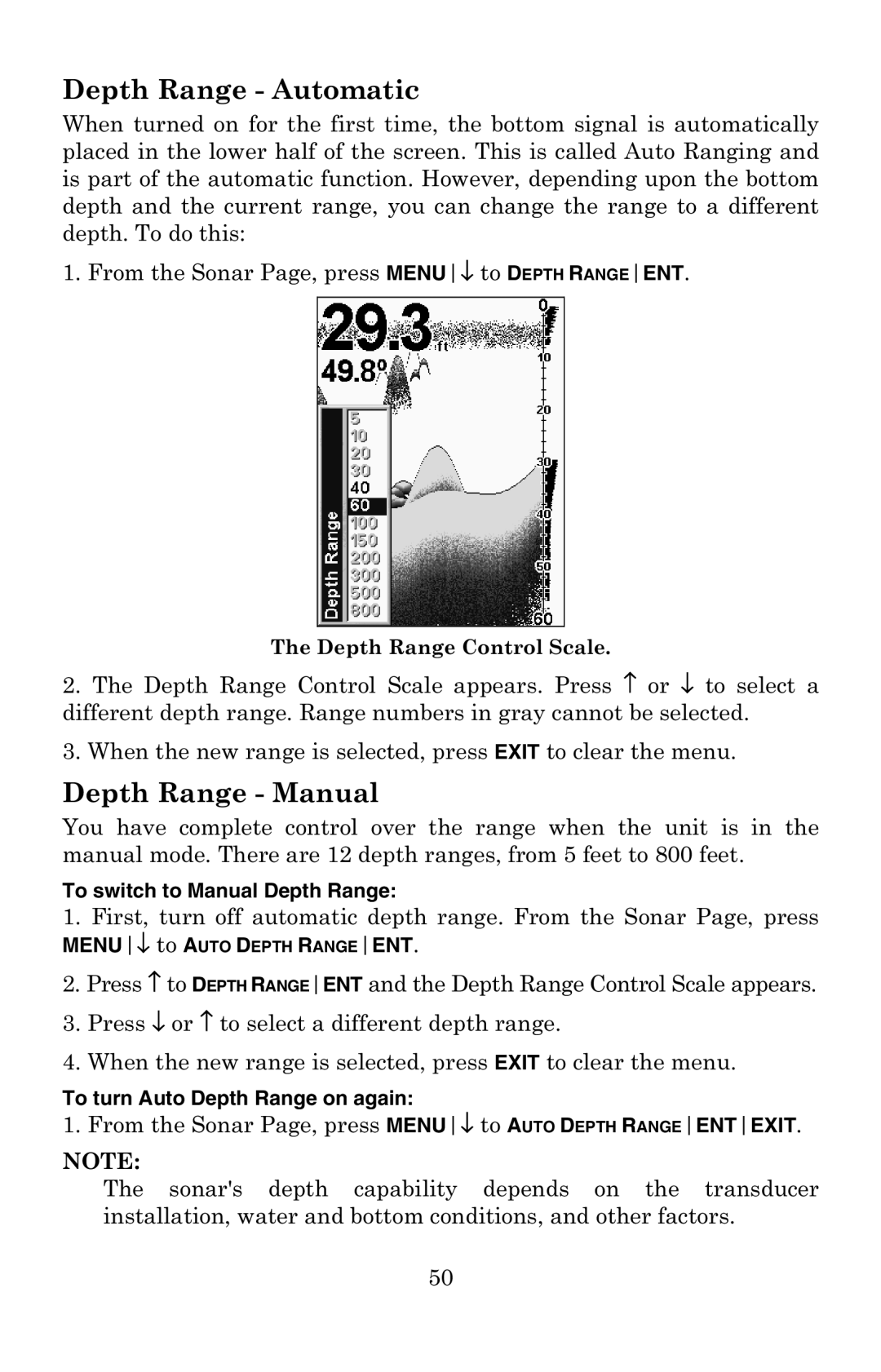 Lowrance electronic X52, X59DF manual Depth Range Automatic, Depth Range Manual, To switch to Manual Depth Range 