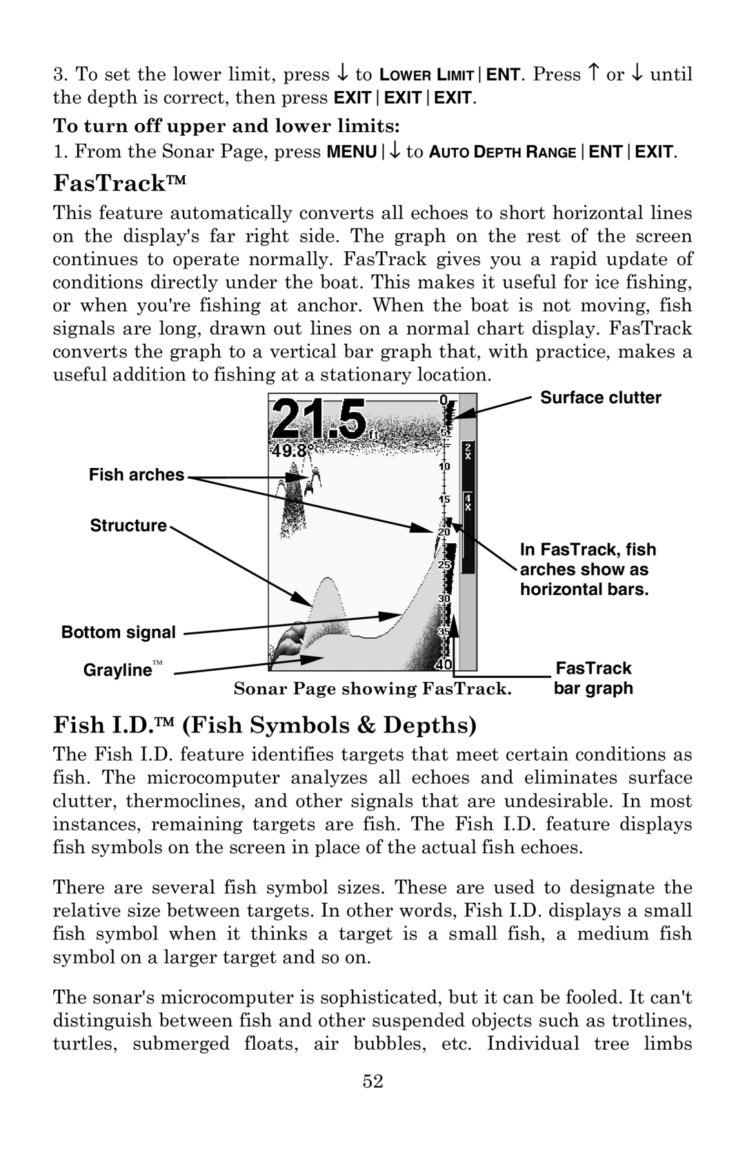 Lowrance electronic X52, X59DF manual FasTrack, Fish I.D. Fish Symbols & Depths 