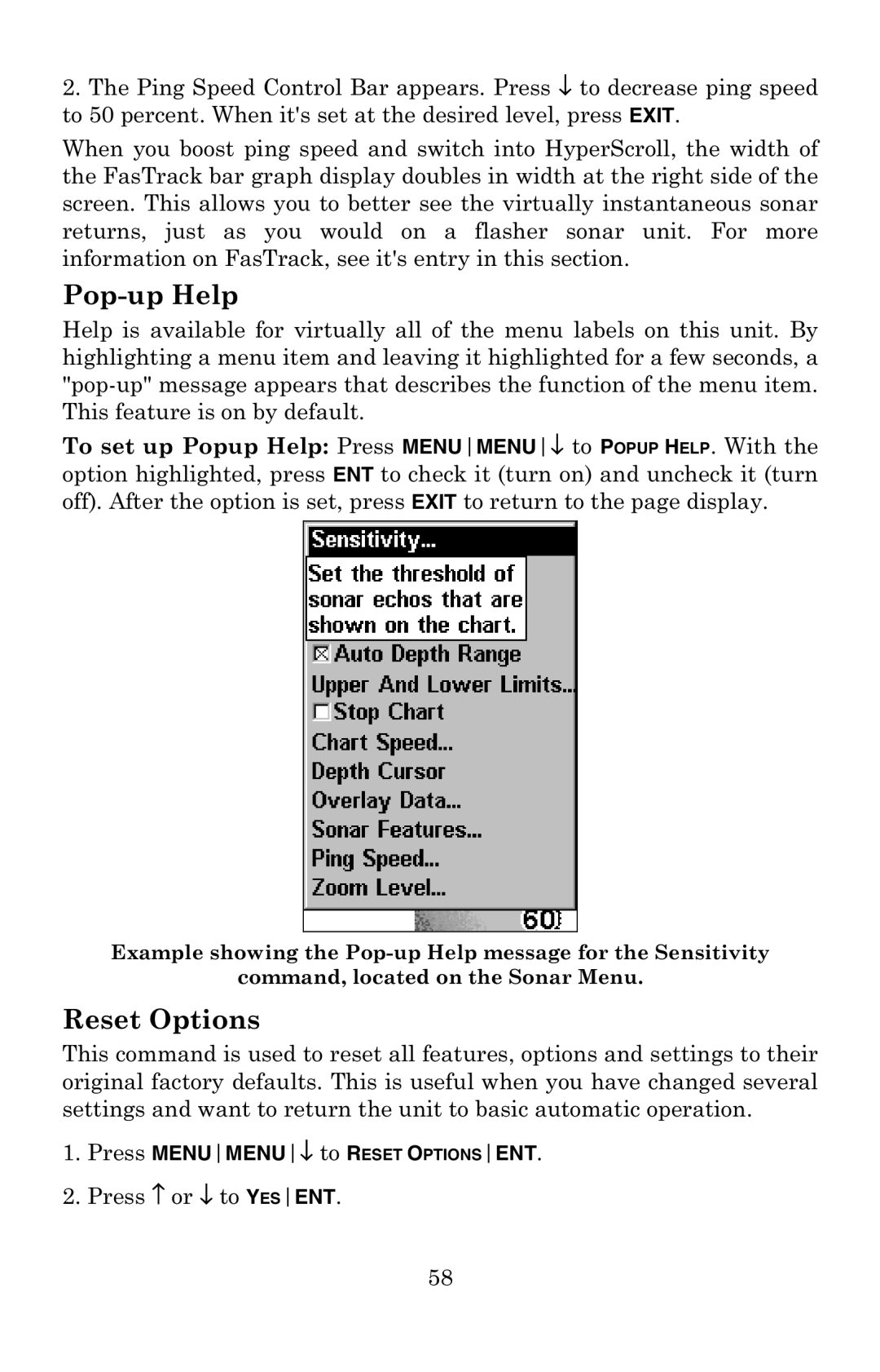 Lowrance electronic X52, X59DF manual Pop-up Help, Reset Options 