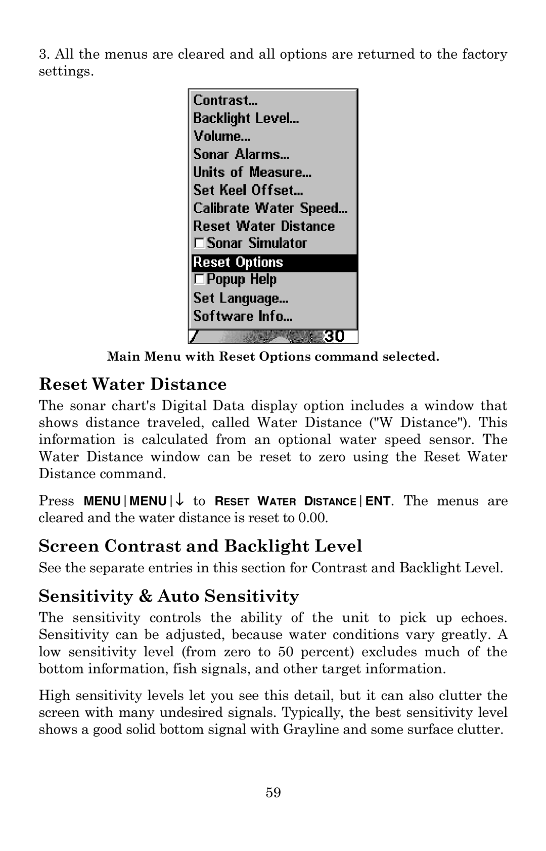 Lowrance electronic X59DF, X52 Reset Water Distance, Screen Contrast and Backlight Level, Sensitivity & Auto Sensitivity 