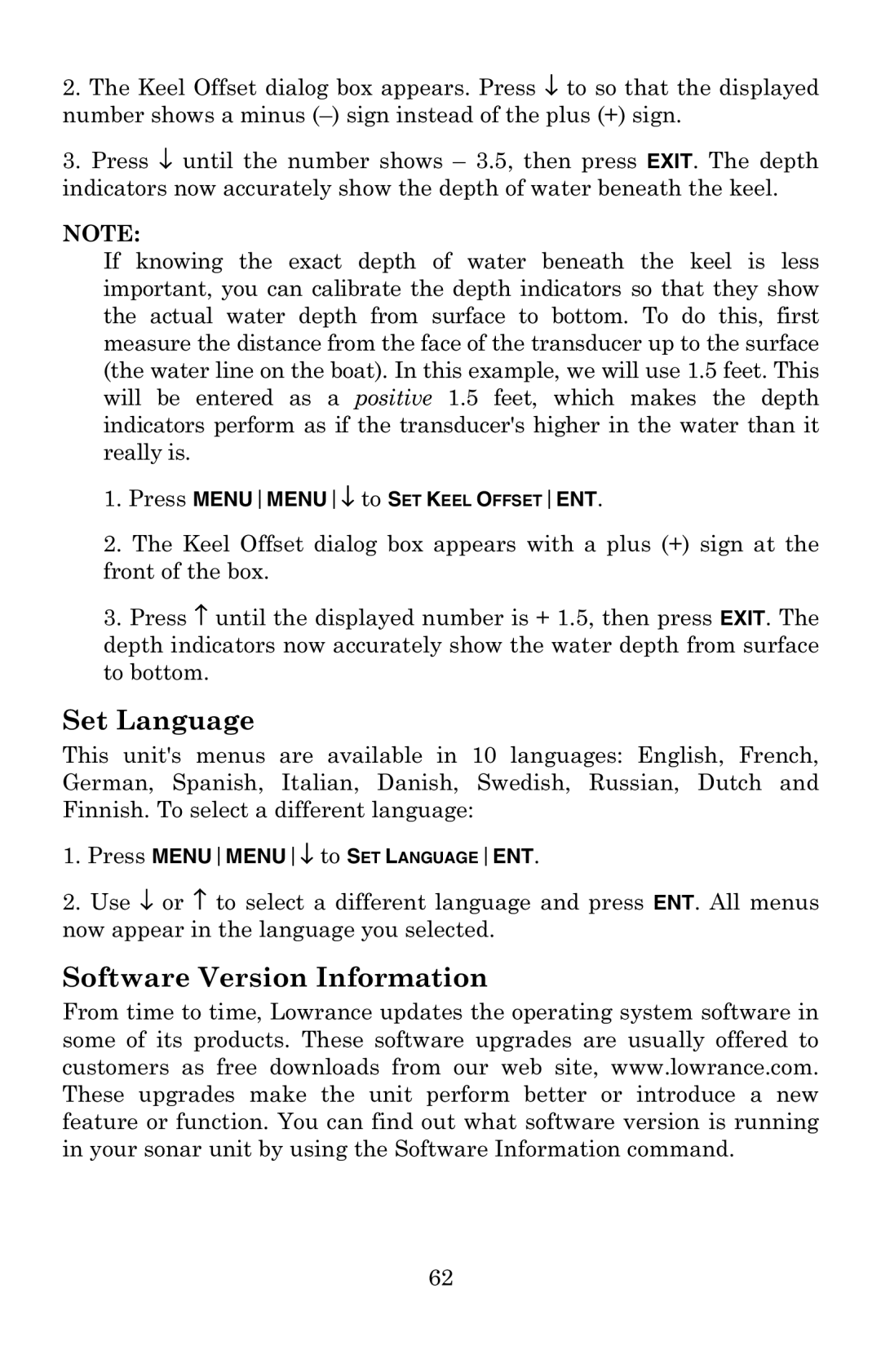 Lowrance electronic X52, X59DF manual Set Language, Software Version Information, Press MENUMENU↓ to SET Keel Offsetent 