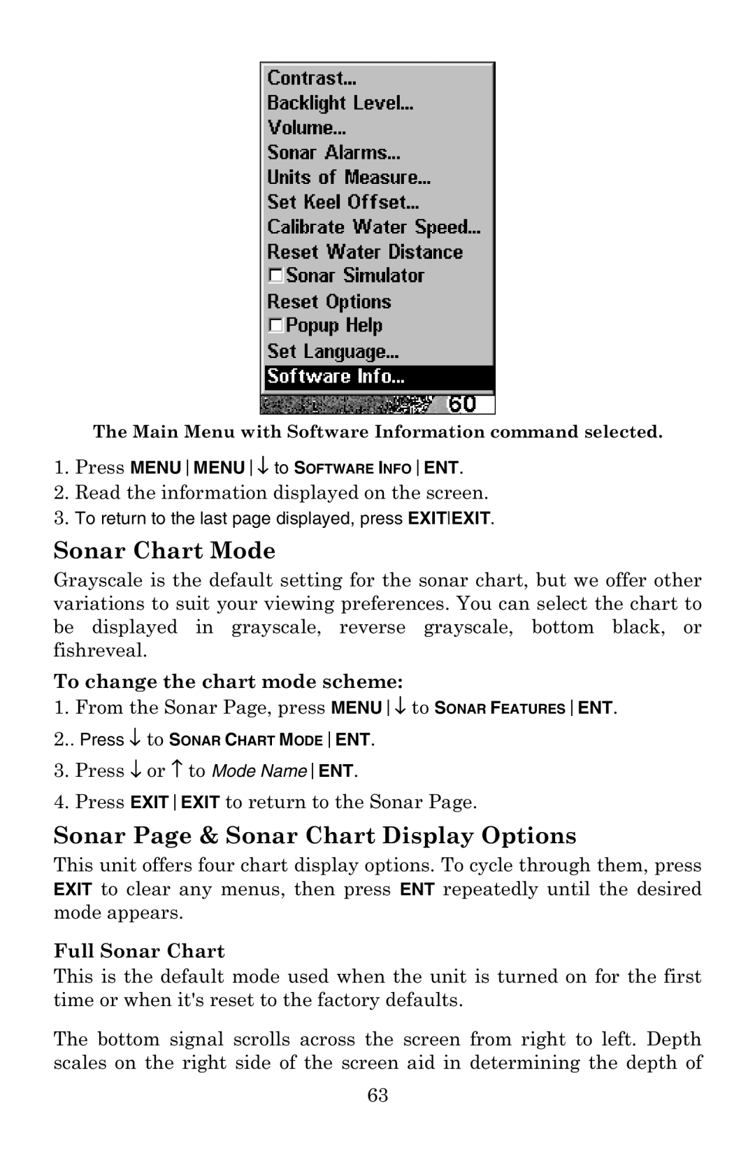 Lowrance electronic X59DF Sonar Chart Mode, Sonar Page & Sonar Chart Display Options, Press MENUMENU↓ to Software Infoent 