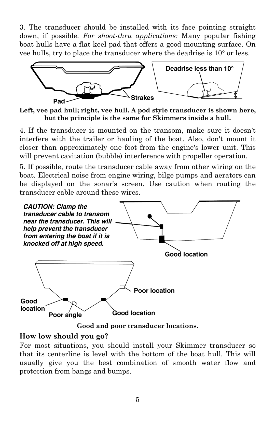 Lowrance electronic X59DF, X52 manual Pad Deadrise less than Strakes, Good location Poor location Location Poor angle 