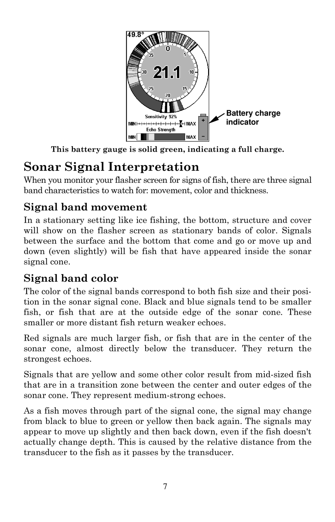 Lowrance electronic X67C manual Sonar Signal Interpretation, Signal band movement, Signal band color 