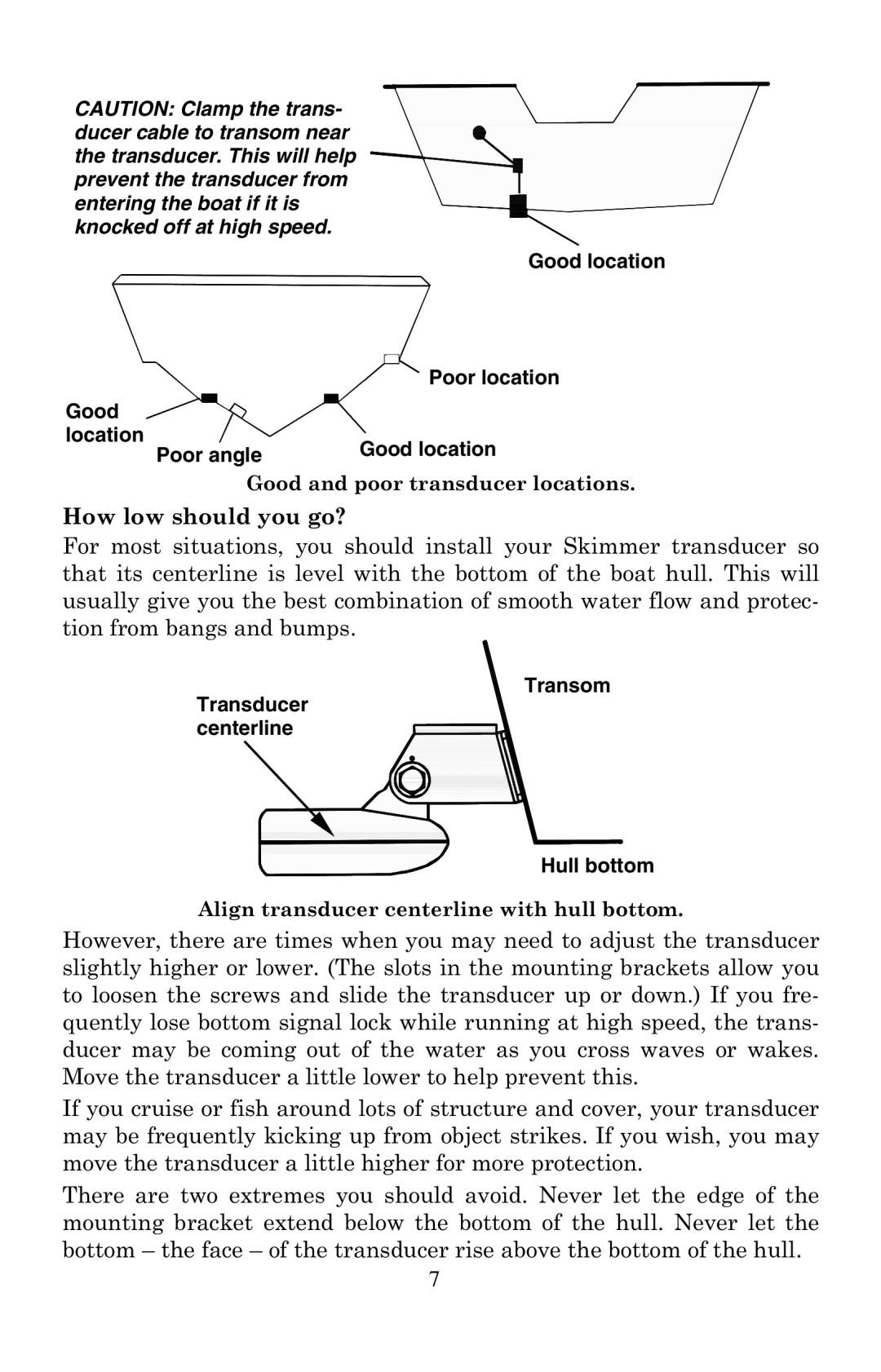 Lowrance electronic X67C manual Good location Poor location Location Poor angle, Transom Transducer centerline Hull bottom 