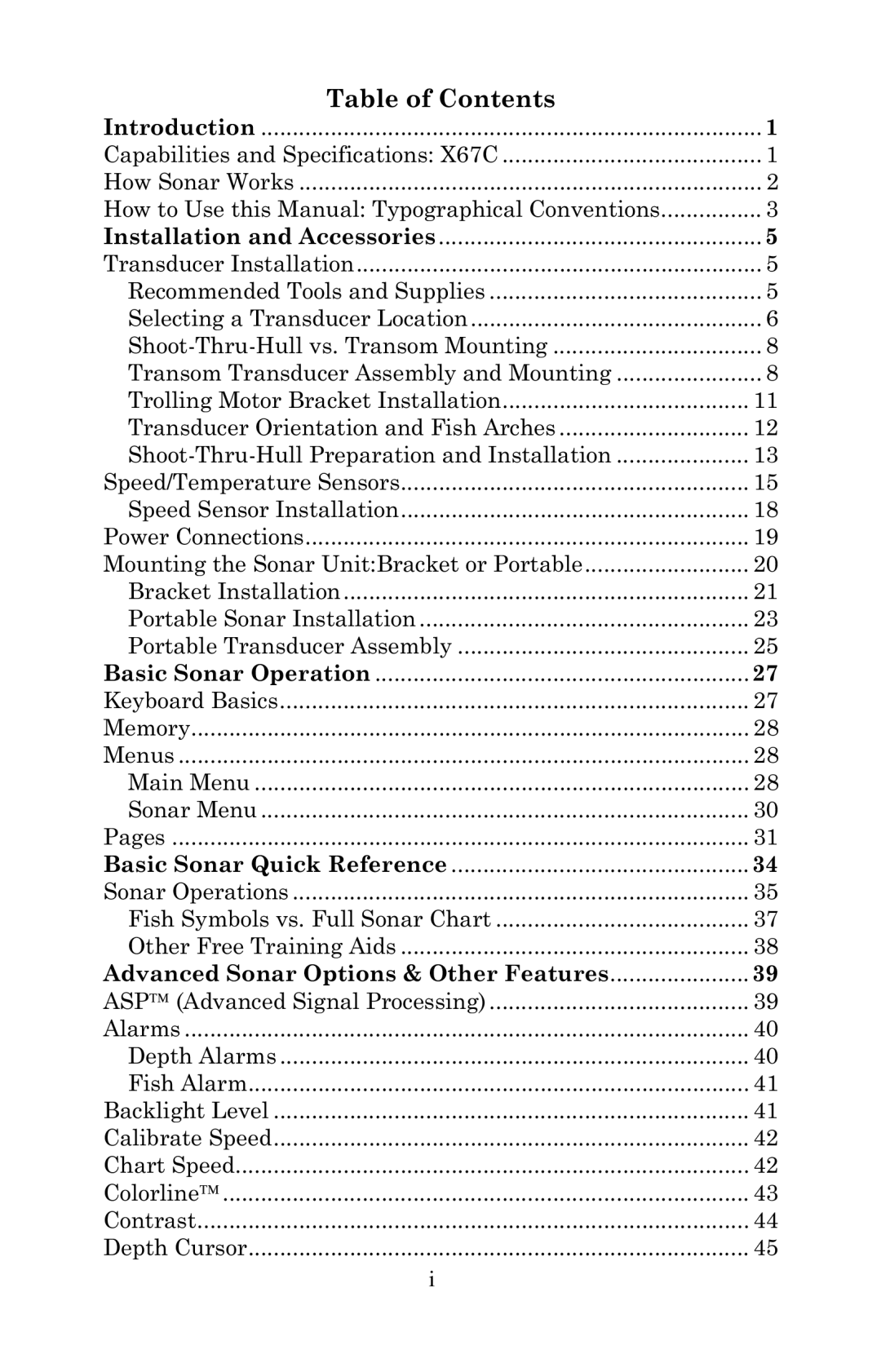 Lowrance electronic X67C manual Table of Contents 