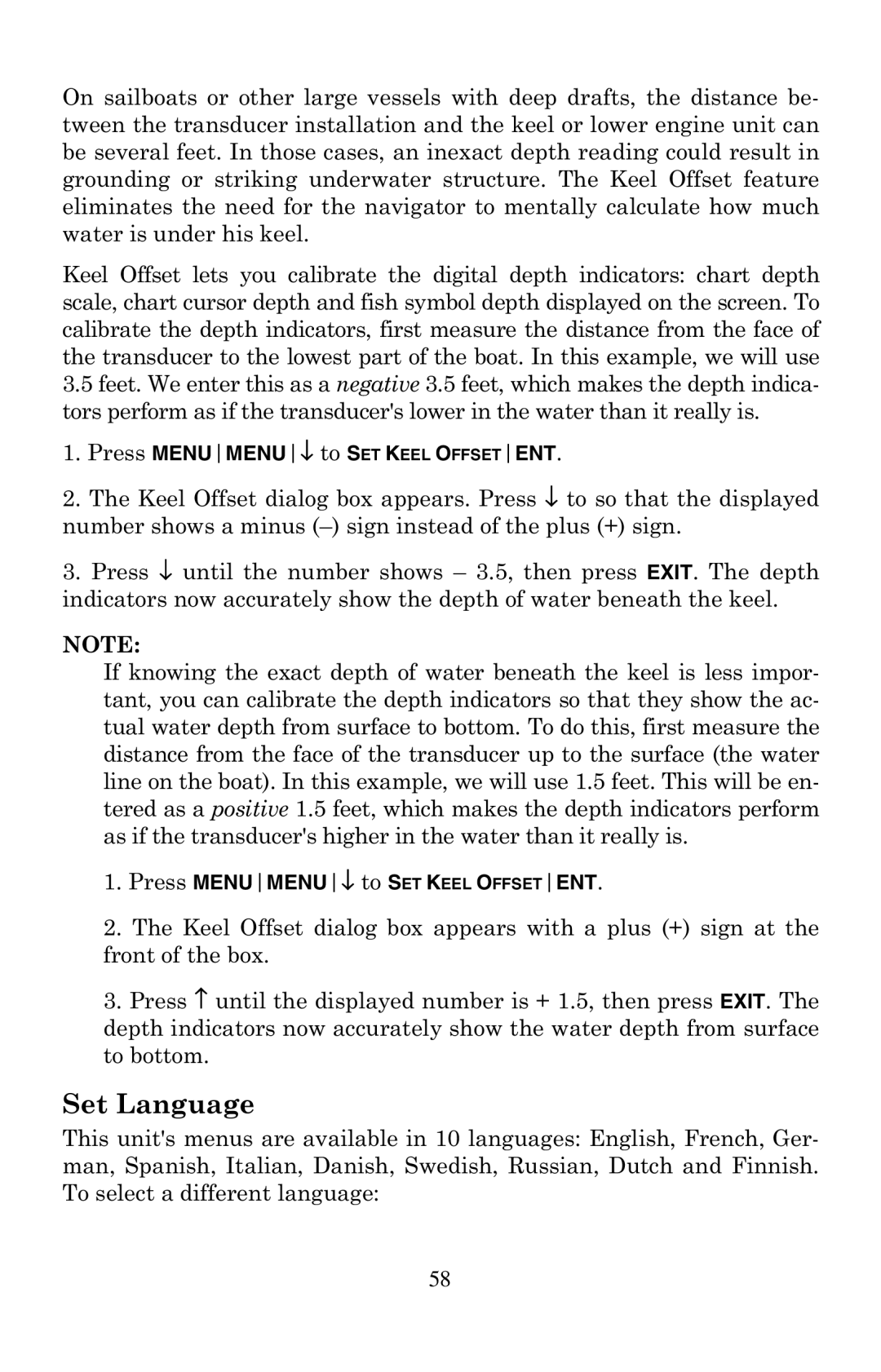 Lowrance electronic X67C manual Set Language, Press MENUMENU↓ to SET Keel Offsetent 