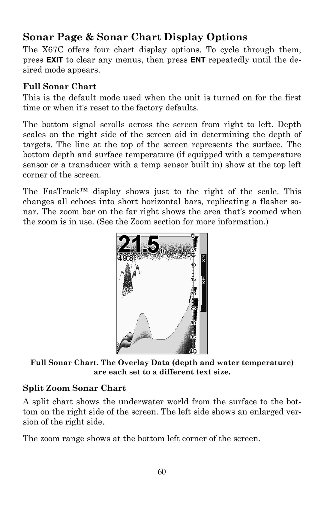 Lowrance electronic X67C manual Sonar Page & Sonar Chart Display Options 