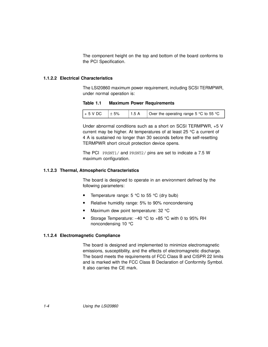 LSI 20860 manual Electrical Characteristics, Maximum Power Requirements, Thermal, Atmospheric Characteristics 