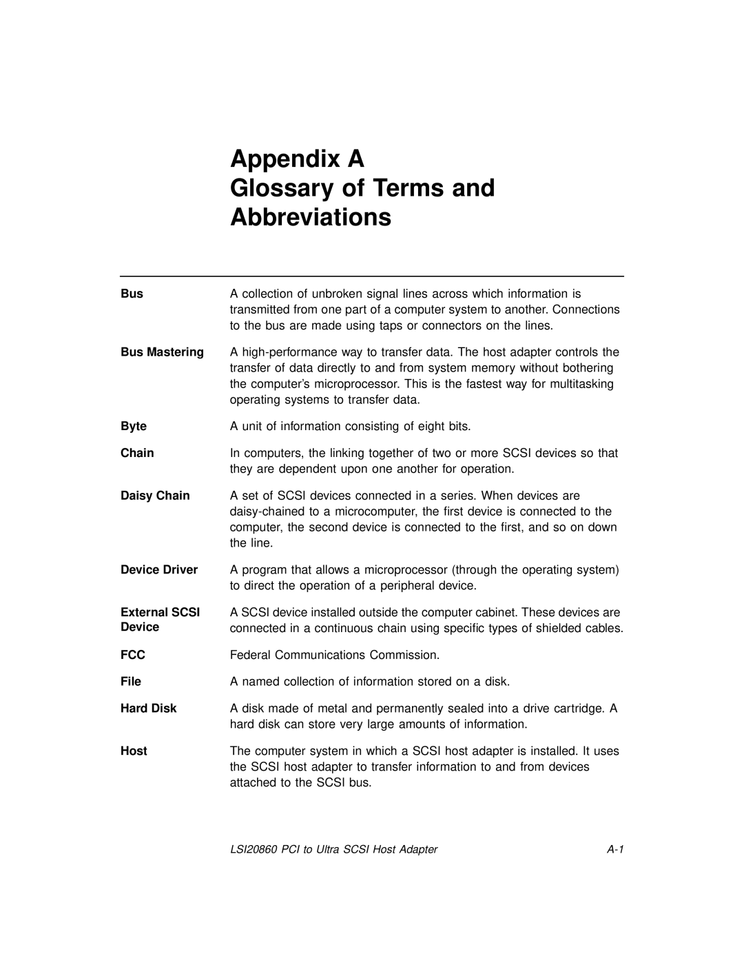 LSI 20860 manual Appendix a Glossary of Terms Abbreviations 