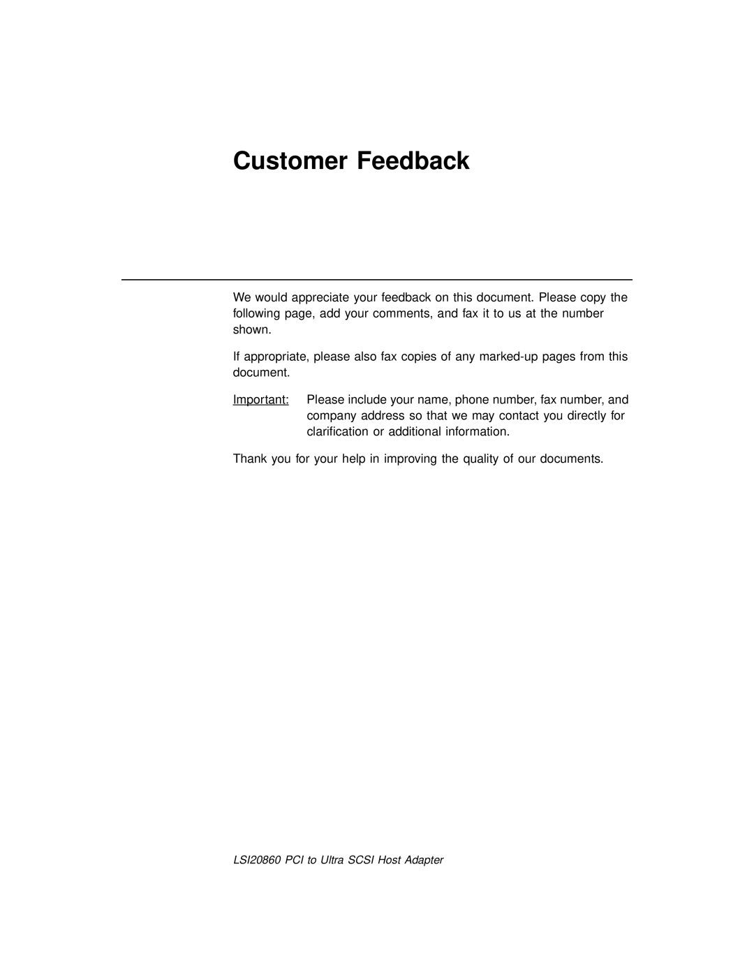 LSI 20860 manual Customer Feedback 