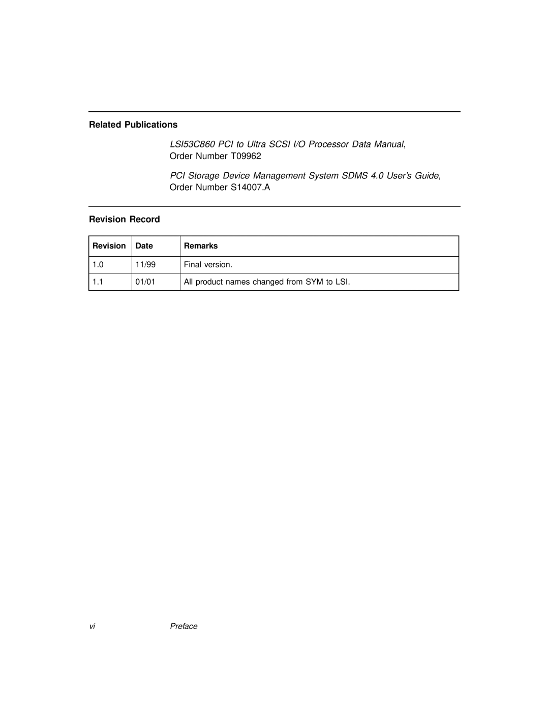 LSI 20860 manual Related Publications, Revision Record 