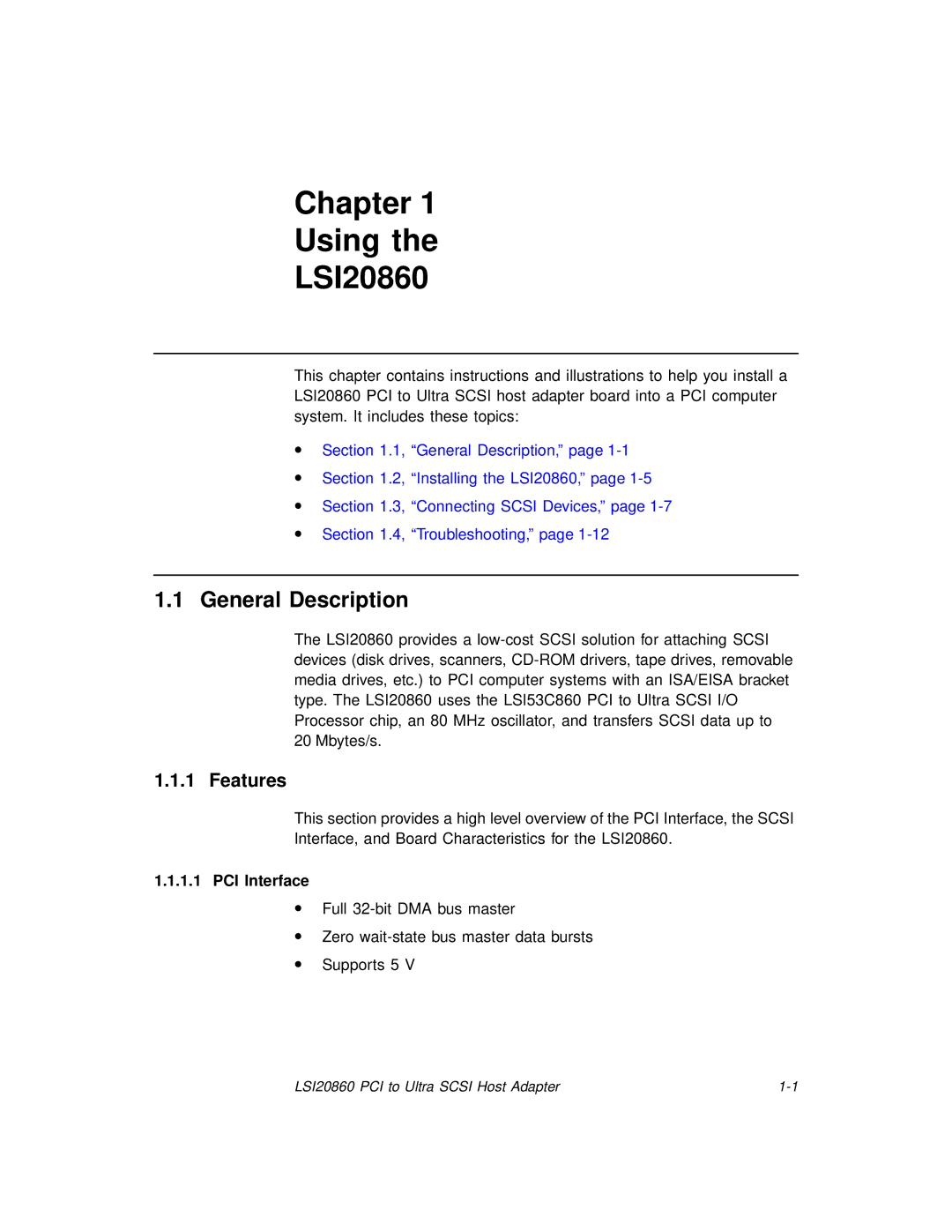 LSI manual Chapter Using LSI20860, Features, PCI Interface 