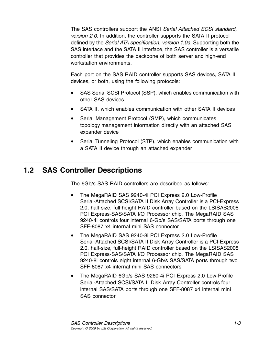 LSI 25083 manual SAS Controller Descriptions 