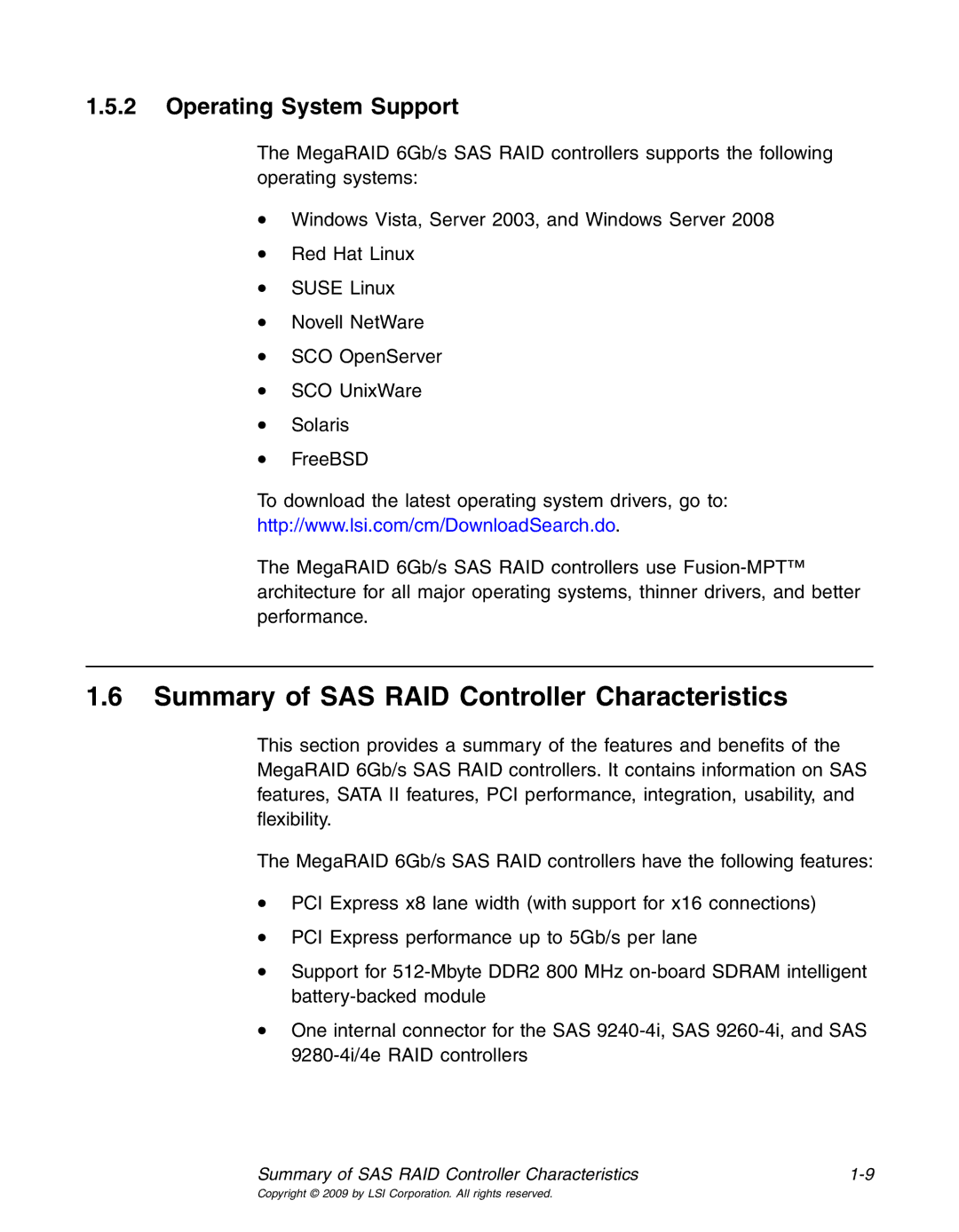 LSI 25083 manual Summary of SAS RAID Controller Characteristics, Operating System Support 