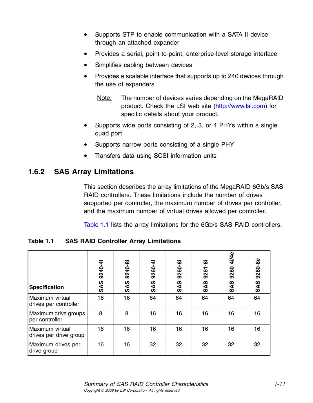 LSI 25083 manual SAS Array Limitations, SAS RAID Controller Array Limitations 